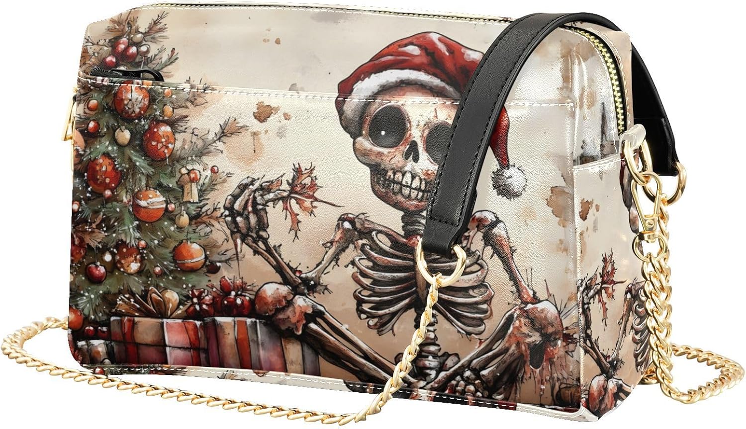Women Crossbody Bag Shoulder Handbag Cellphone Purse Christmas Skull Print, PU Leather Metal Chain Strap Water Resistant Zipper Closure