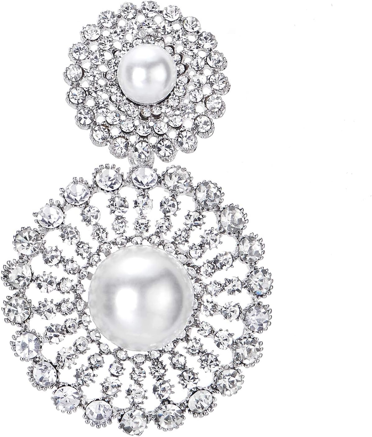 Wedding Rhinestone Synthetic Pearl Cluster Large Circle Flowers Long Drop Statement Earrings Elegant - Image 2