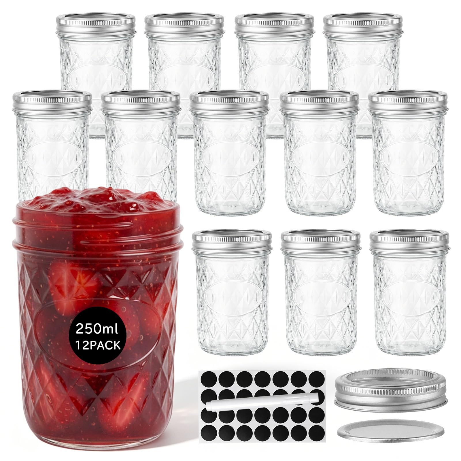 OAMCEG 12 Stück Einmachgläser mit Deckel Schraubgläser - 250ml Mason Jar Glas - Vielseitige Marmeladengläser Meal Prep Overnight Oats Gläser für Honig Marmelade Caviar DIY Geschenk Küche