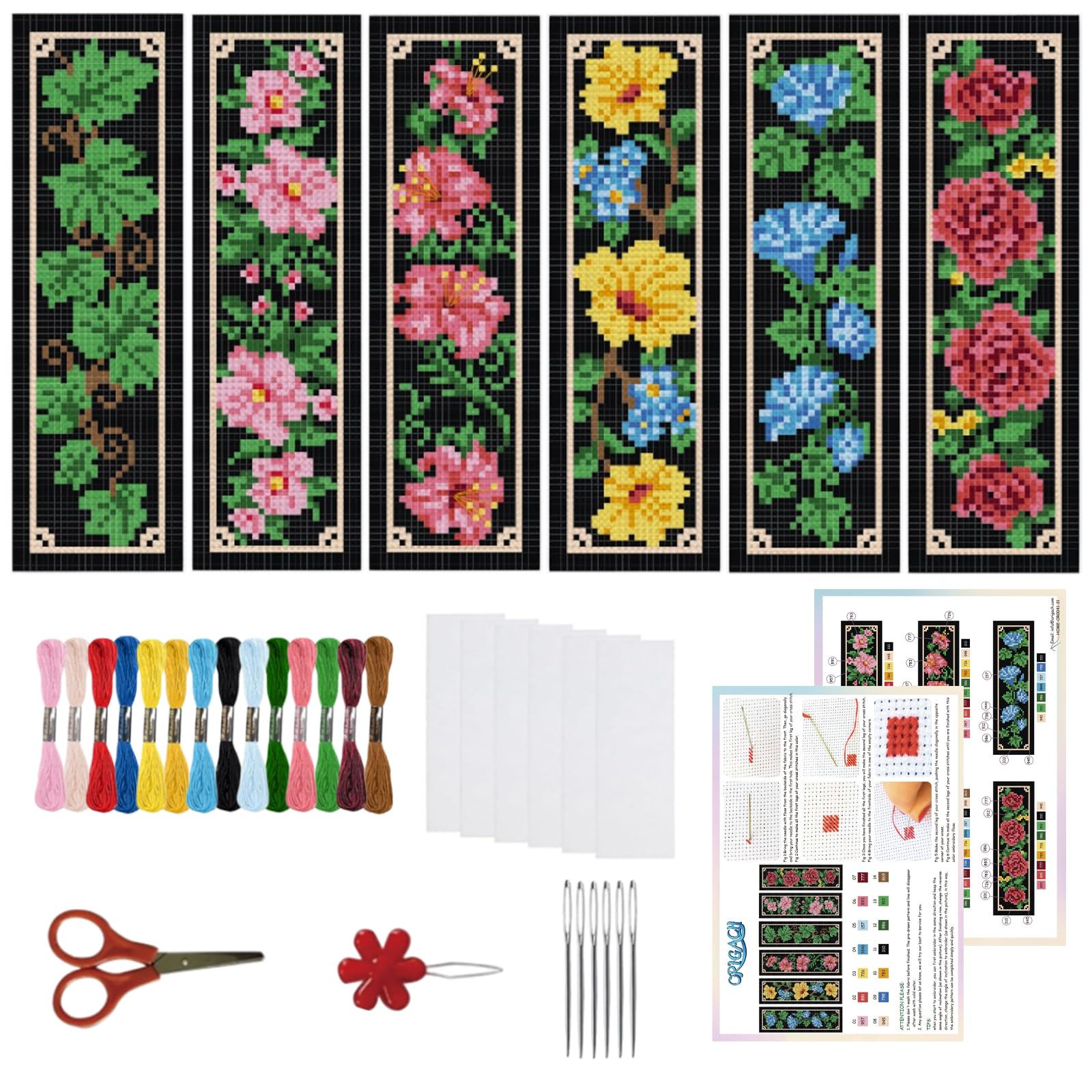 ORIGACH 6 Set Floral and Vine Cross Stitch Bookmark Kit for Beginner with Backing Felt Floss Instructions DIY Stamped Embroidery Bookmark Kit for Adults Book Lovers