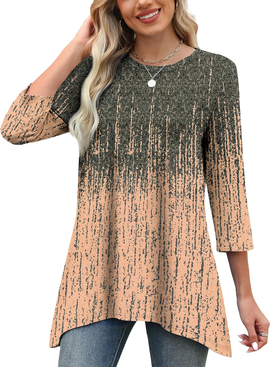 OFEEFAN Tunic Tops for Women Loose Fit Dressy 3/4 Length Sleeve Womens Tops with Asymmetrical Hem S-4XL - Image 2