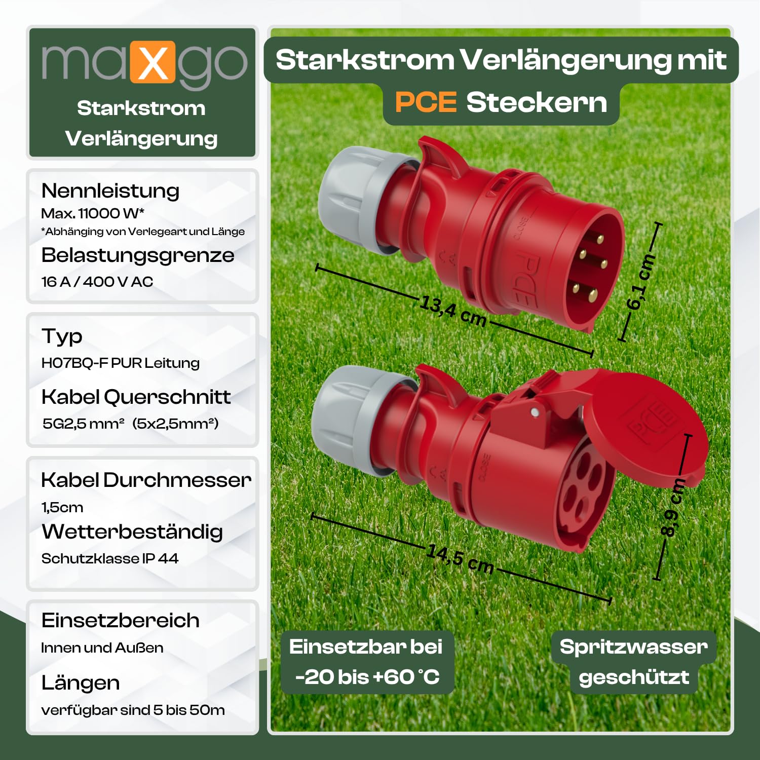 Starkstromkabel 16A 10m H07BQ-F 5x2,5 Orange Starkstrom Verlängerungskabel CEE Verlängerung 16 Ampere Kabel 5x2,5mm2 Baustelle Werkstatt Industrie Geeignet Outdoor IP44