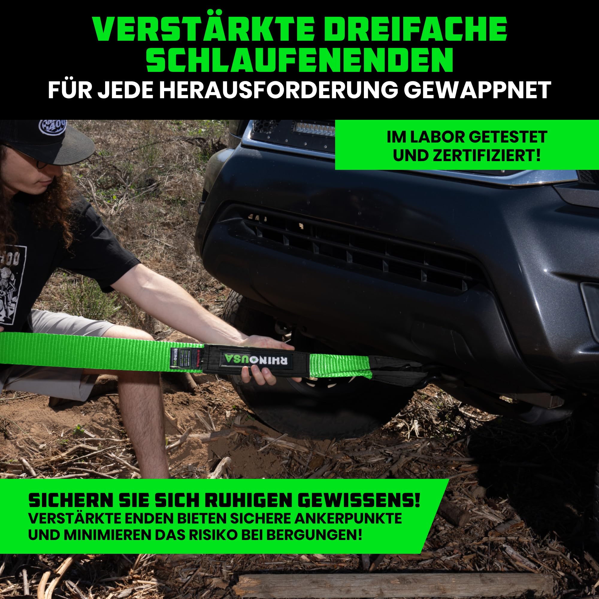 Rhino USA Abschleppgurt (7,6 cm x 9,1 m) - 13.600 kg Bruchfestigkeit - Notfall-Wiederherstellungsstrap für Truck, UTV, ATV - Abschleppseil - Schwerlast-Abschleppgurt für Offroad 4X4 Nutzung - Grün