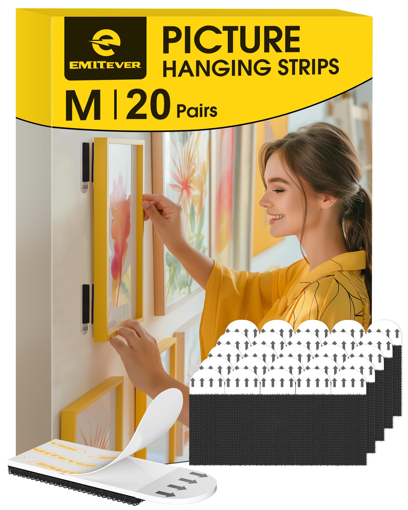 Emitever Picture Hanging Strips Heavy Duty M-20 Pairs (40 Strips), Holds up to 5.4 KG, No Damage Picture Adhesive Strips, Hook and Loop Mounting Tape Black