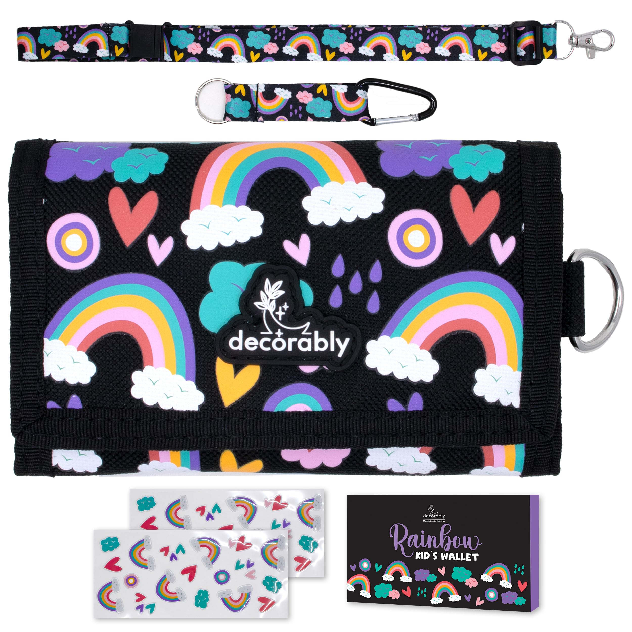 Decorably Trifold Rainbow Little Girls Wallet for Kids with Lanyards, Multi-Compartment with Coin Pocket, Card Slots, ID Window, Info Card and Stickers