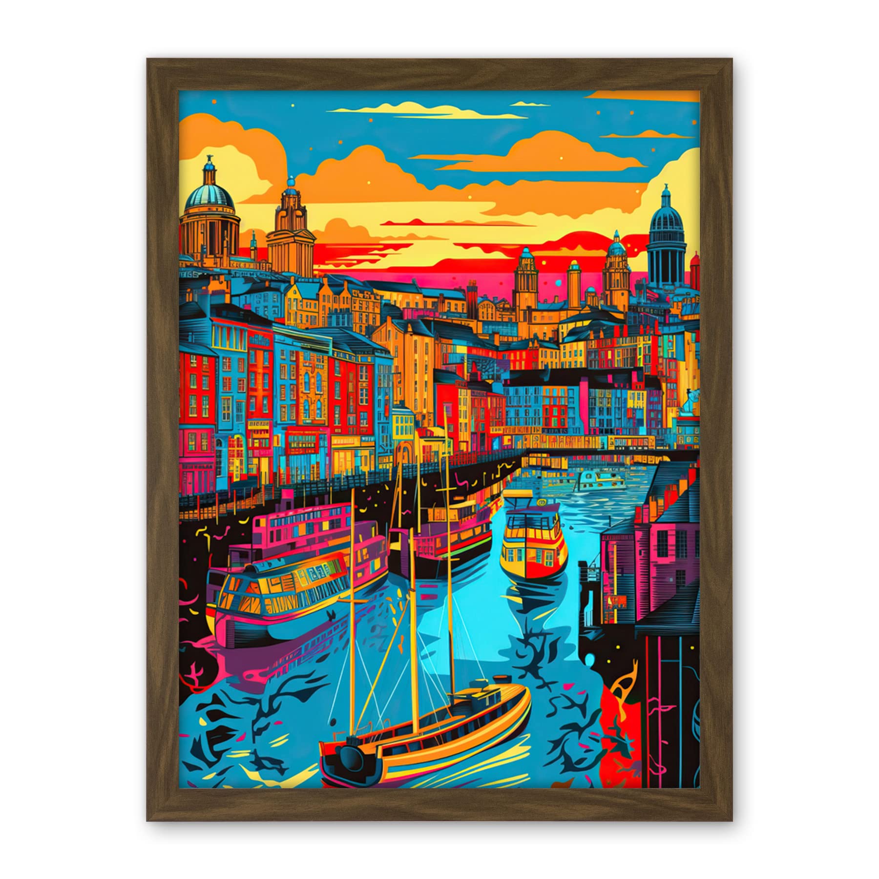Artery8 Vibrant Liverpool City Waterfront Sunset Cityscape Artwork Framed Wall Art Print 18X24 Inch