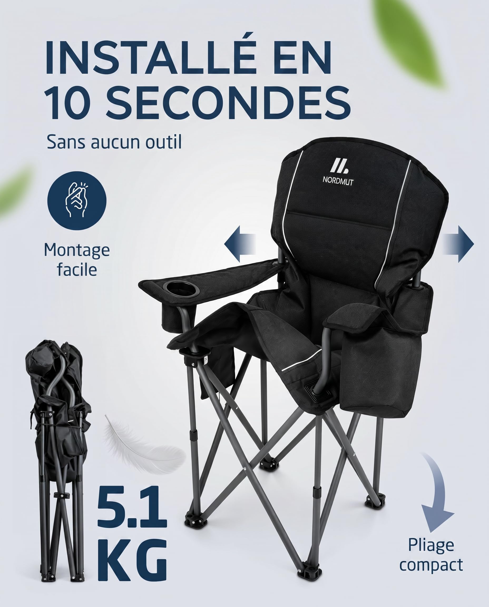NORDMUT® Chaise de Camping Pliante légère – Stable supportant 200 kg – Chaise de pêche Confortable avec Sac Isotherme Pratique et Porte-gobelet (Noir 1x)