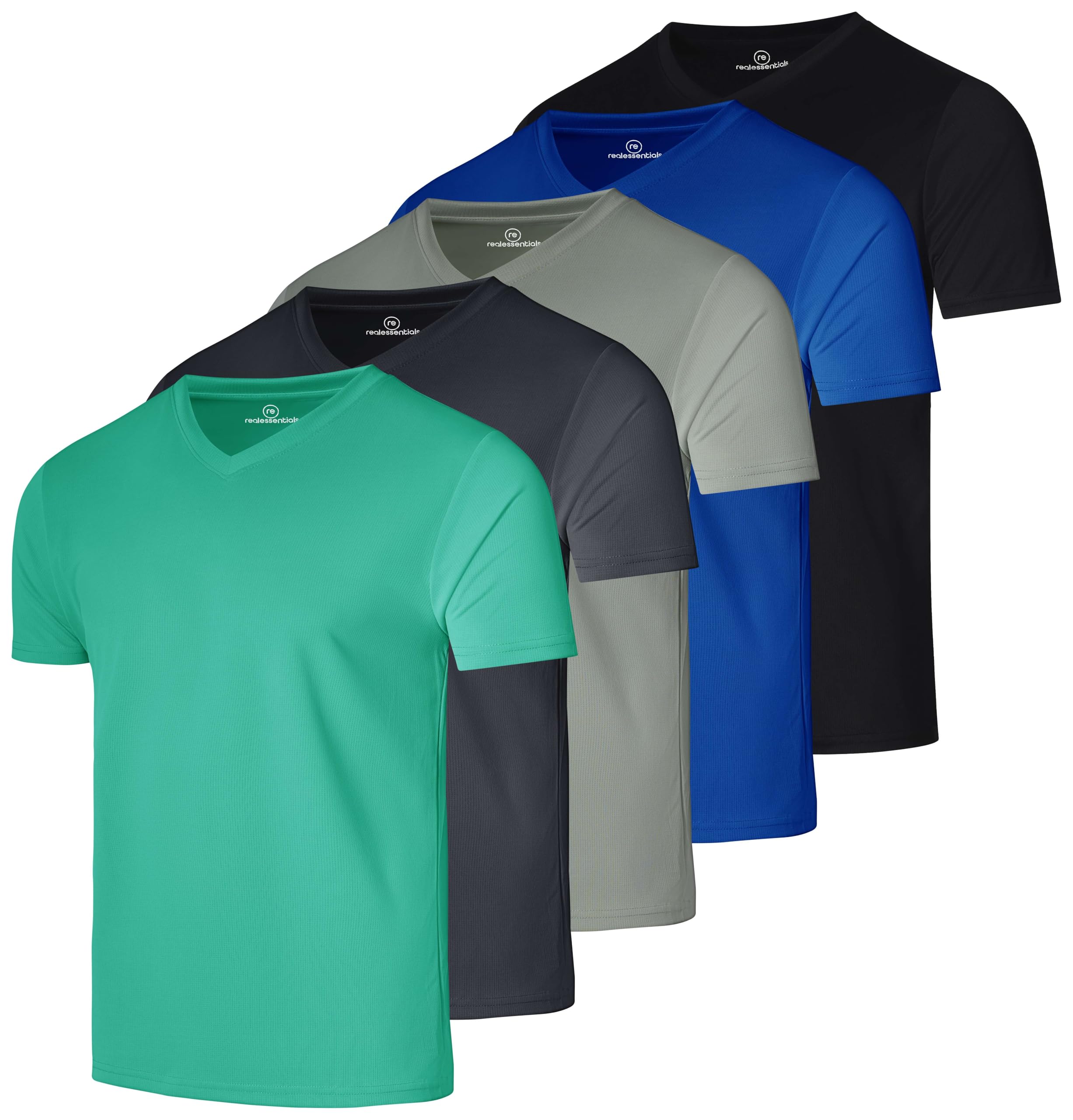 Real Essentials 5 Pack: Men's Mesh Quick Dry Short Sleeve V-Neck T-Shirt - Athletic Performance (Available in Big & Tall)