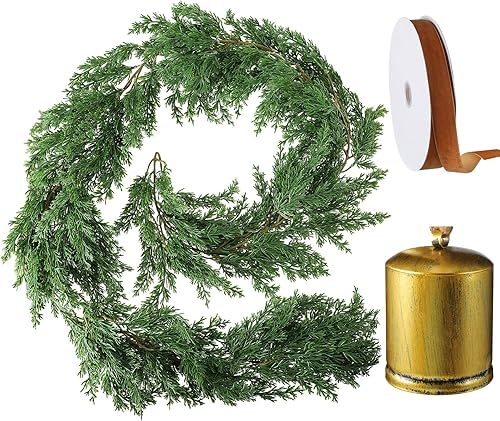 Oudain 3 piezas de decoración navideña vintage, incluye guirnalda de cedro de Navidad, ciprés de pino artificial, 4 campanas de vaca de armonía,