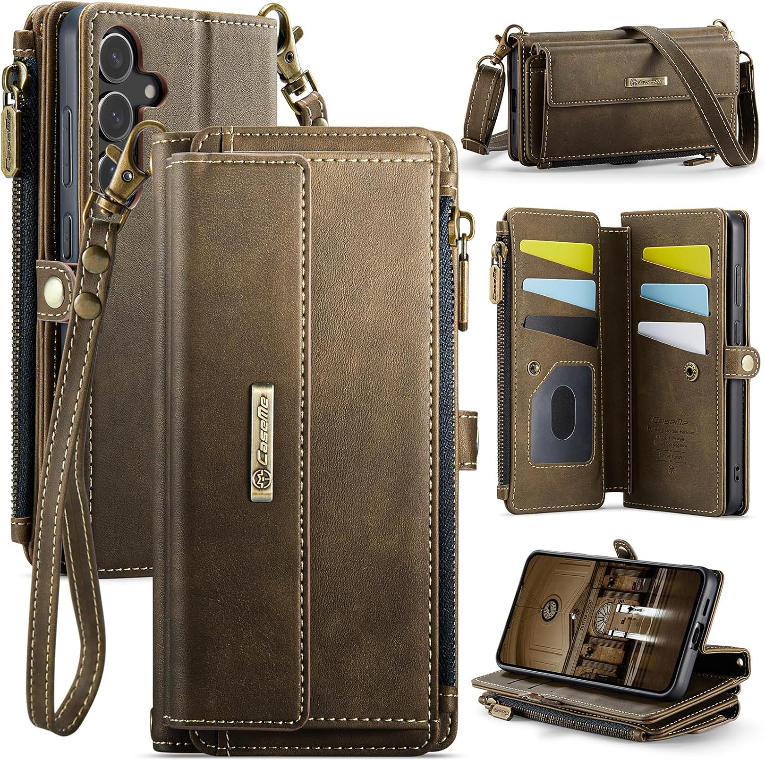Wallet Case Compatible with Samsung Galaxy S25 with RFID Blocking Card Holder Wrist Strap Shoulder Strap, PU Leather Magnetic Snap Zipper Flip Phone Case Fit for Samsung Galaxy S25 (Brown)