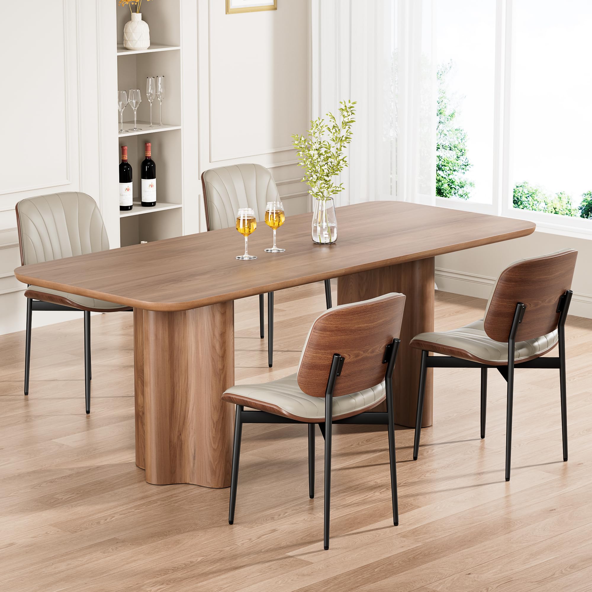 REONEY Dining Chairs Set of 4, Mid-Century Modern Upholstered PU Leather Chairs with Walnut Bentwood Back and Metal Legs Adjustable Feet for Kitchen