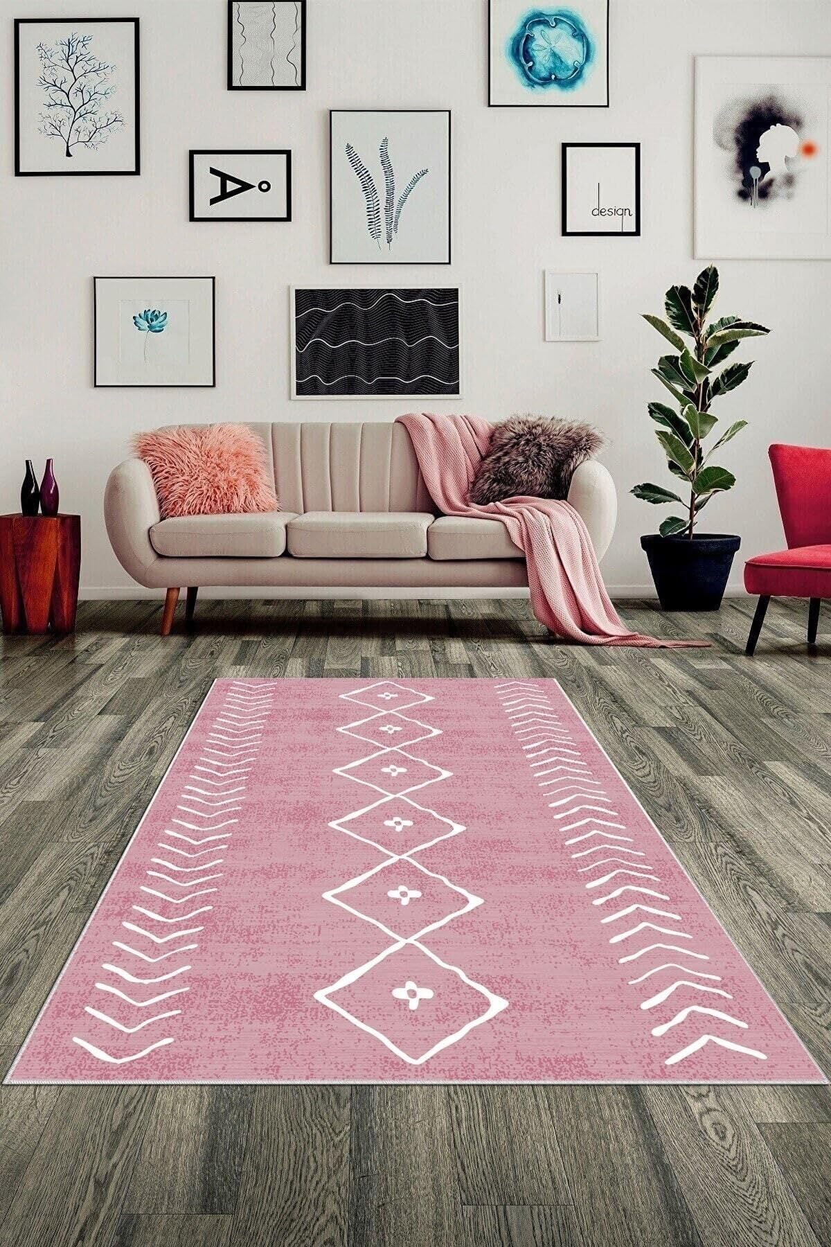 Pelangi Geometrik Çizgi Kilim Desenli Bohem Dijital Baskı Yıkanabilir Kaymaz Taban Salon Halısı Ve Yolluk, Pembe-Beyaz 160 x 300