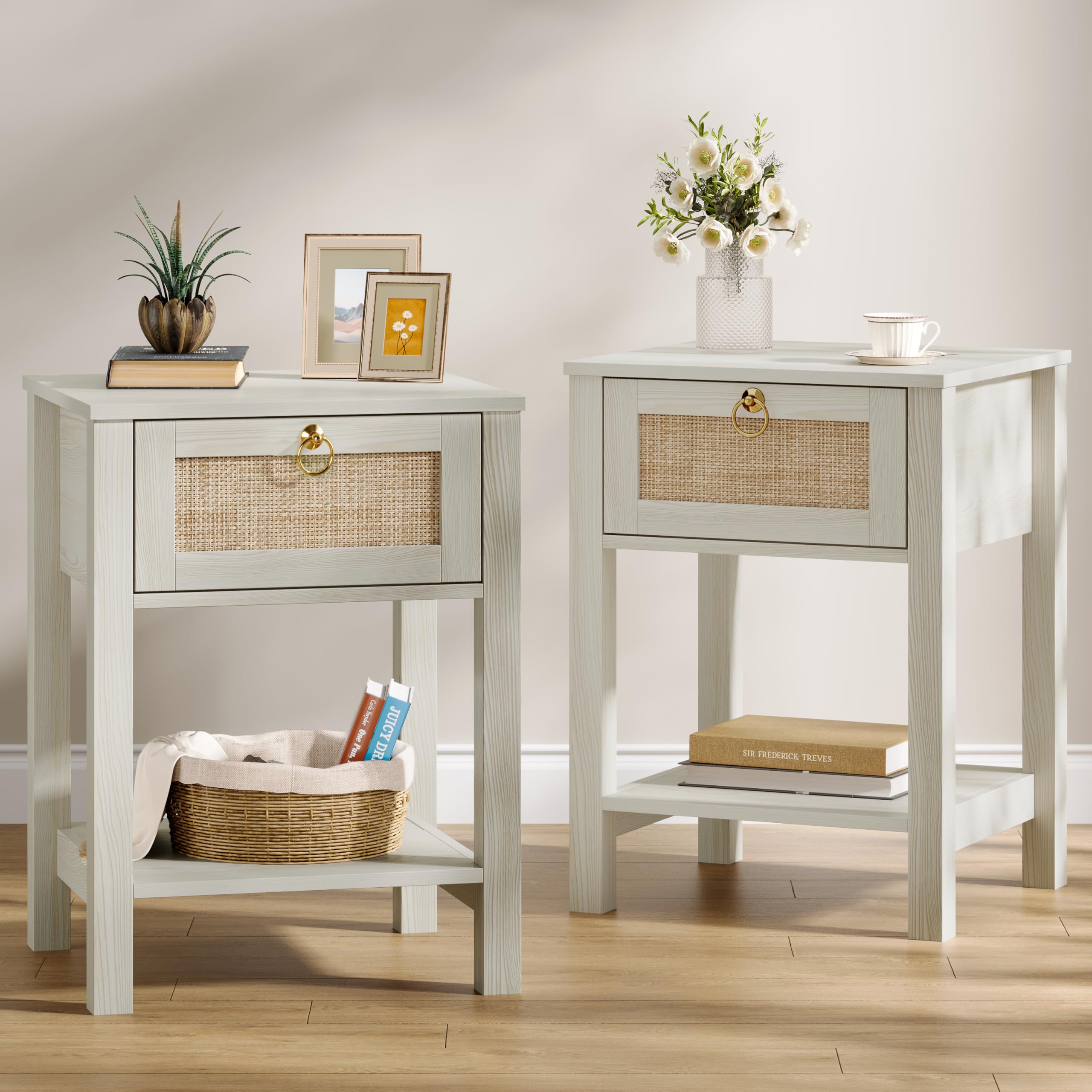 Rattan Nightstand Set of 2: Sturdy White Night Stand with Rattan Decor Drawer, Farmhouse Nightstand Bedside Table Boho End Tables Side Tables for Bedroom (Cream White Oak,2 Pieces)
