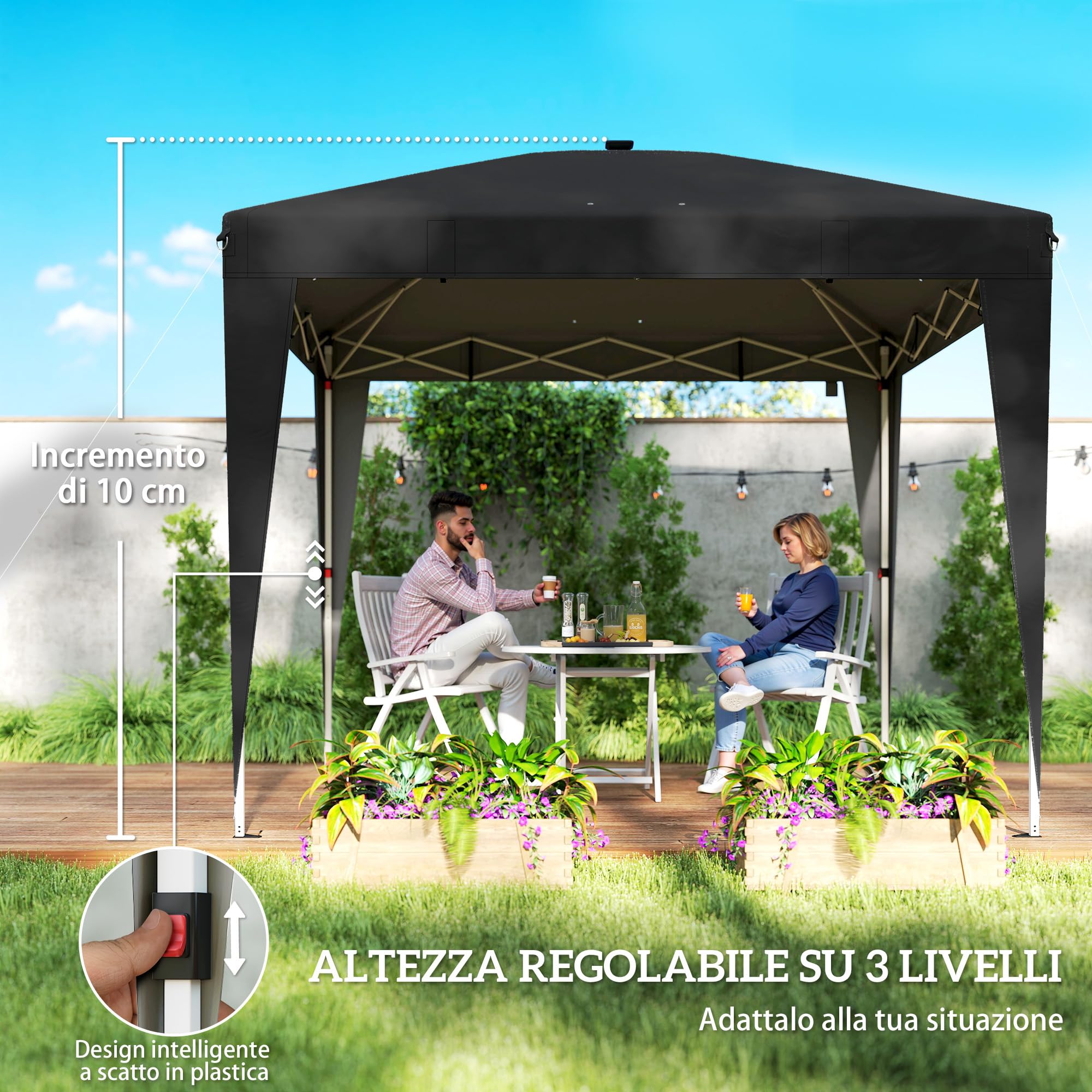 Outsunny Gazebo 3x3 m Pieghevole Pop Up ad Altezza Regolabile UV50+ Nero | Gazebo da Giardino, Luce Centrale e USB, Telecomando, Borsa da Trasporto, per Esterno Campeggio Feste