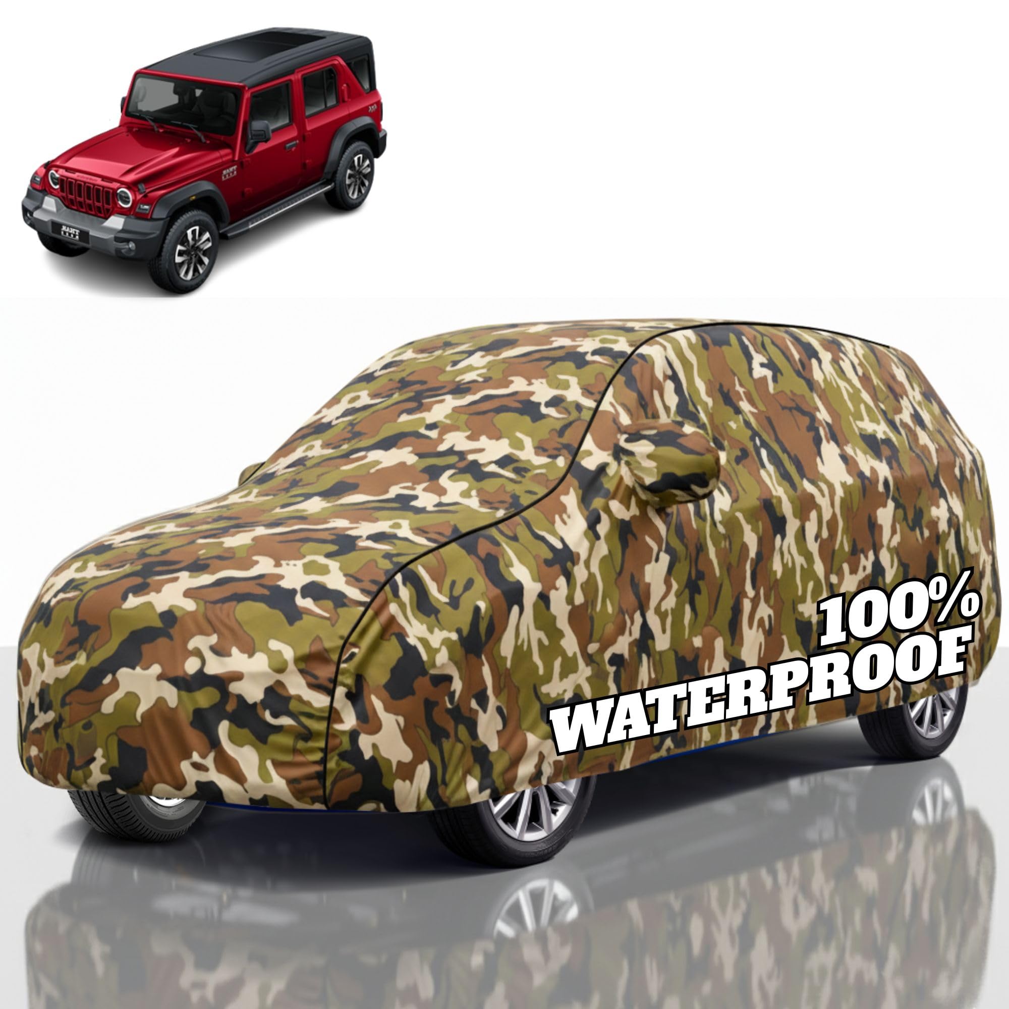 Premium Polyester Car Cover Thar Roxx All-Weather Protection from Rain, Dust &amp; Sun | UV Resistant Fabric | Full Body Secure Fit for Outdoor &amp; Indoor Parking Jungle
