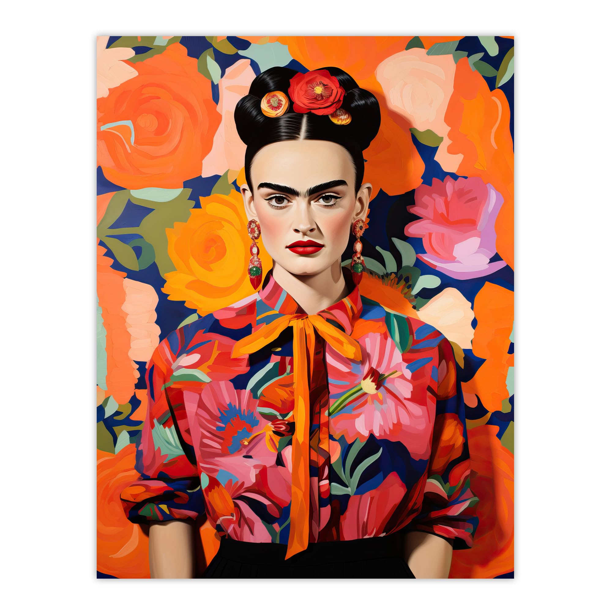 Wee Blue Coo Fierce Mexican Artist Woman Vibrant Oil Painting Orange Pink Blue Bold Floral Portrait Large Wall Art Poster Print Thick Paper 18X24 Inch
