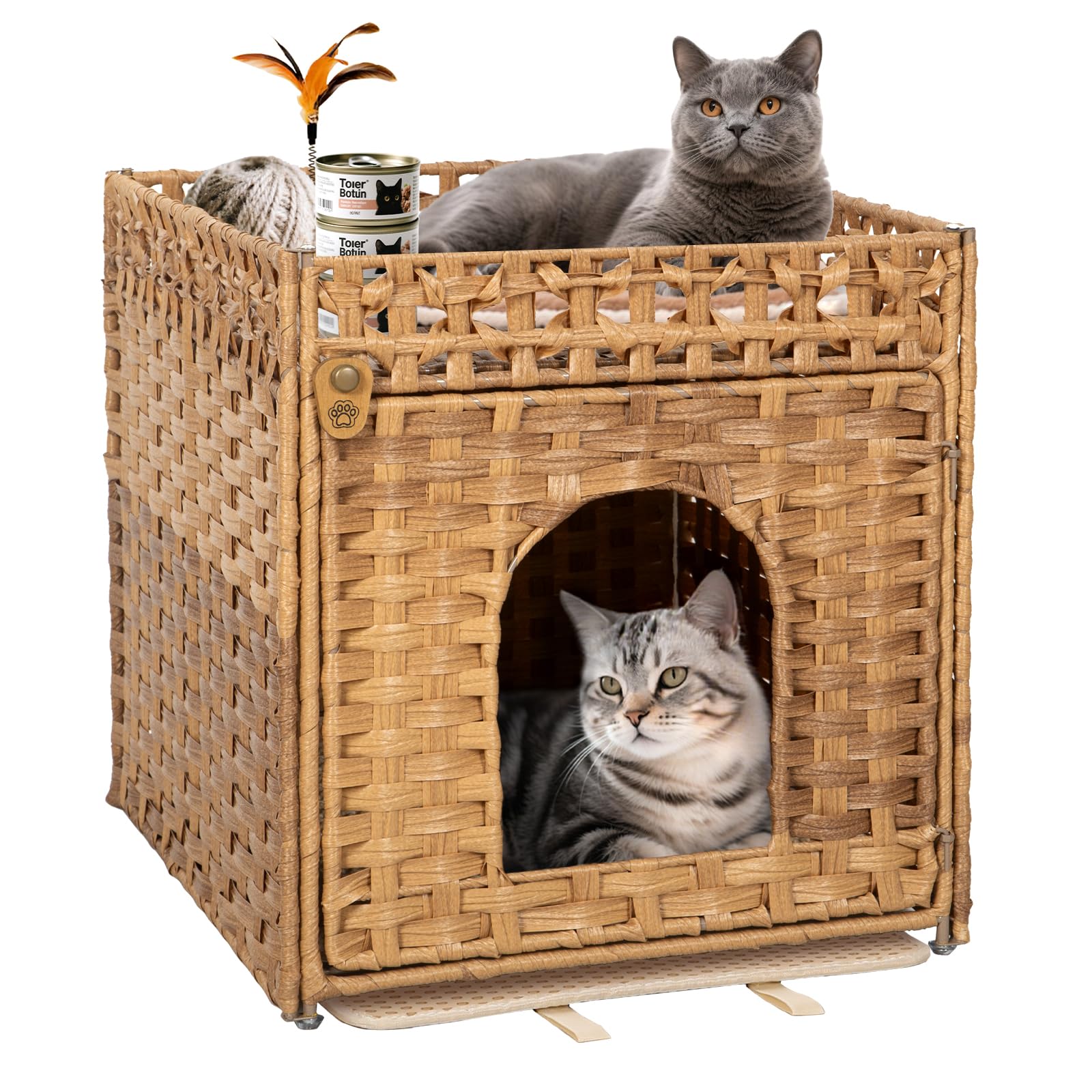 Handwoven Rattan Cat Litter Box Enclosure Furniture - Hidden Cabinet with Odor-Control Mat, Anti-Spill Fence & Secure S-Hooks for Living Room/Bedroom, 18.2"x18.2"x24.5" (Natural)