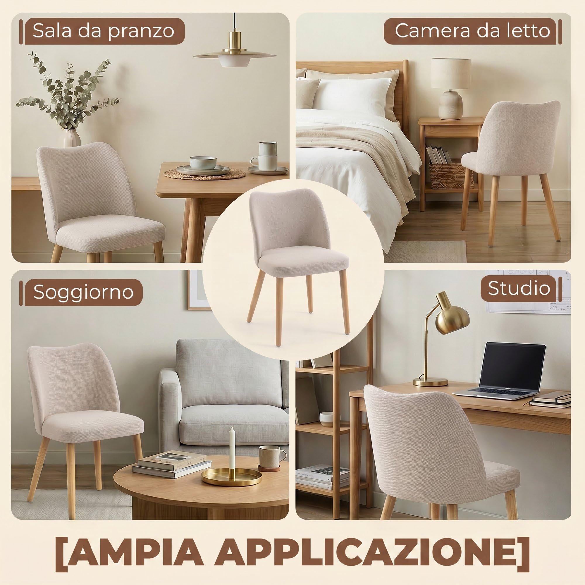 HOMCOM Set di 2 Sedie Sala da Pranzo in Tessuto Effetto Lino, Sedie Cucina Scandinave con Gambe in Legno di Caucciù, Schienale Curvo, Sedia Imbottita per Cucina, Camera da Letto, Soggiorno, Crema