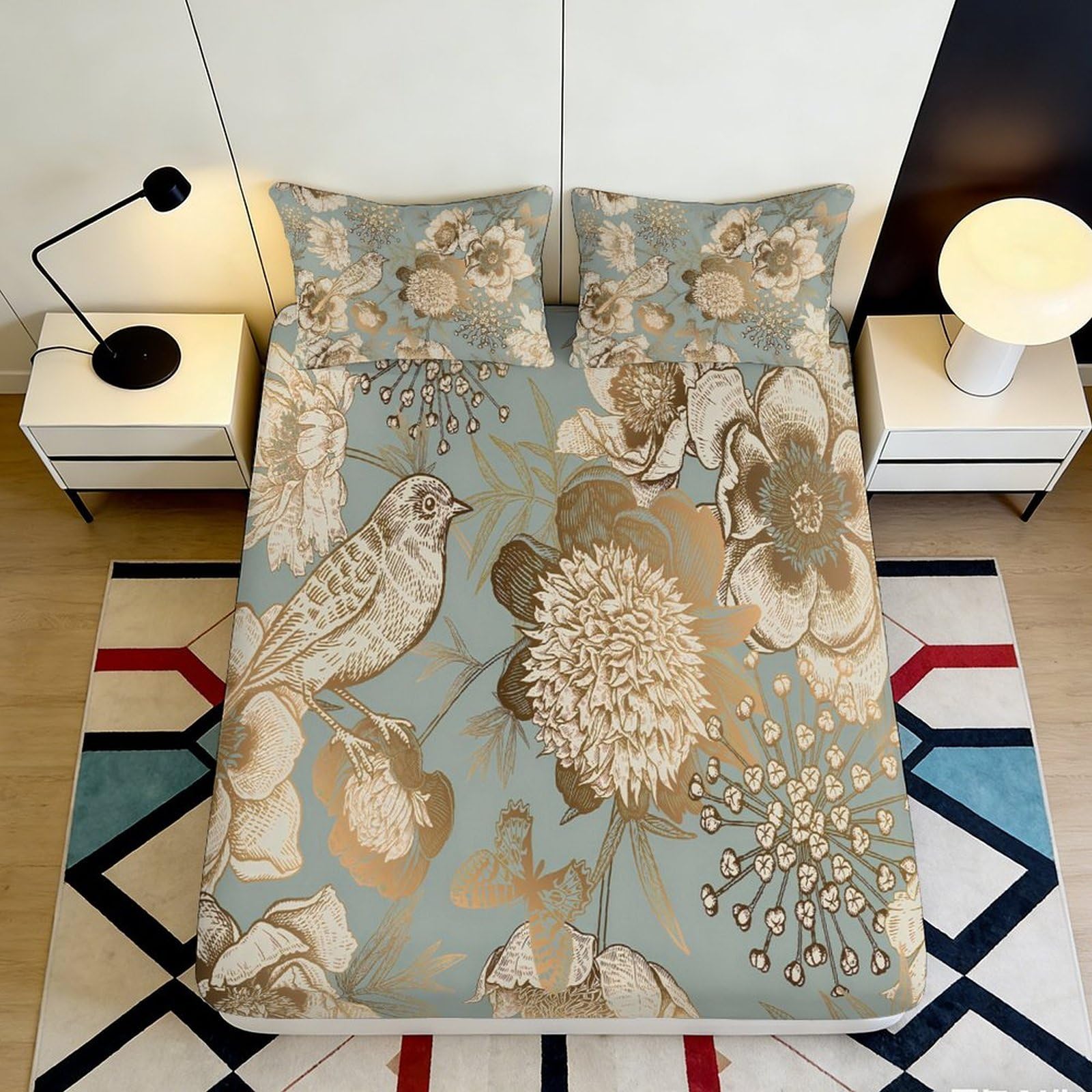 3D Printed Floral Bird Fitted Sheet Microfiber Deep Pocket Non-Slip Floral Mattress Fitted Cover Bedroom Bedding 200x200x25cm 90x200x25cm