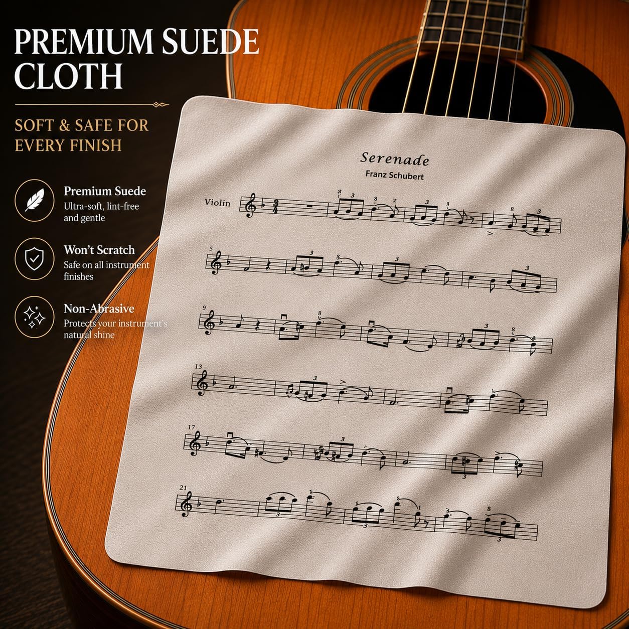 Suede Guitar Cleaning Cloth (12"x12", 1-Pack),Premium Lint-Free Microfiber Polishing Cloth, Super Soft & Non-Scratch, Strong Cleaning Power for Guitar, Violin & Piano, Violin Pattern