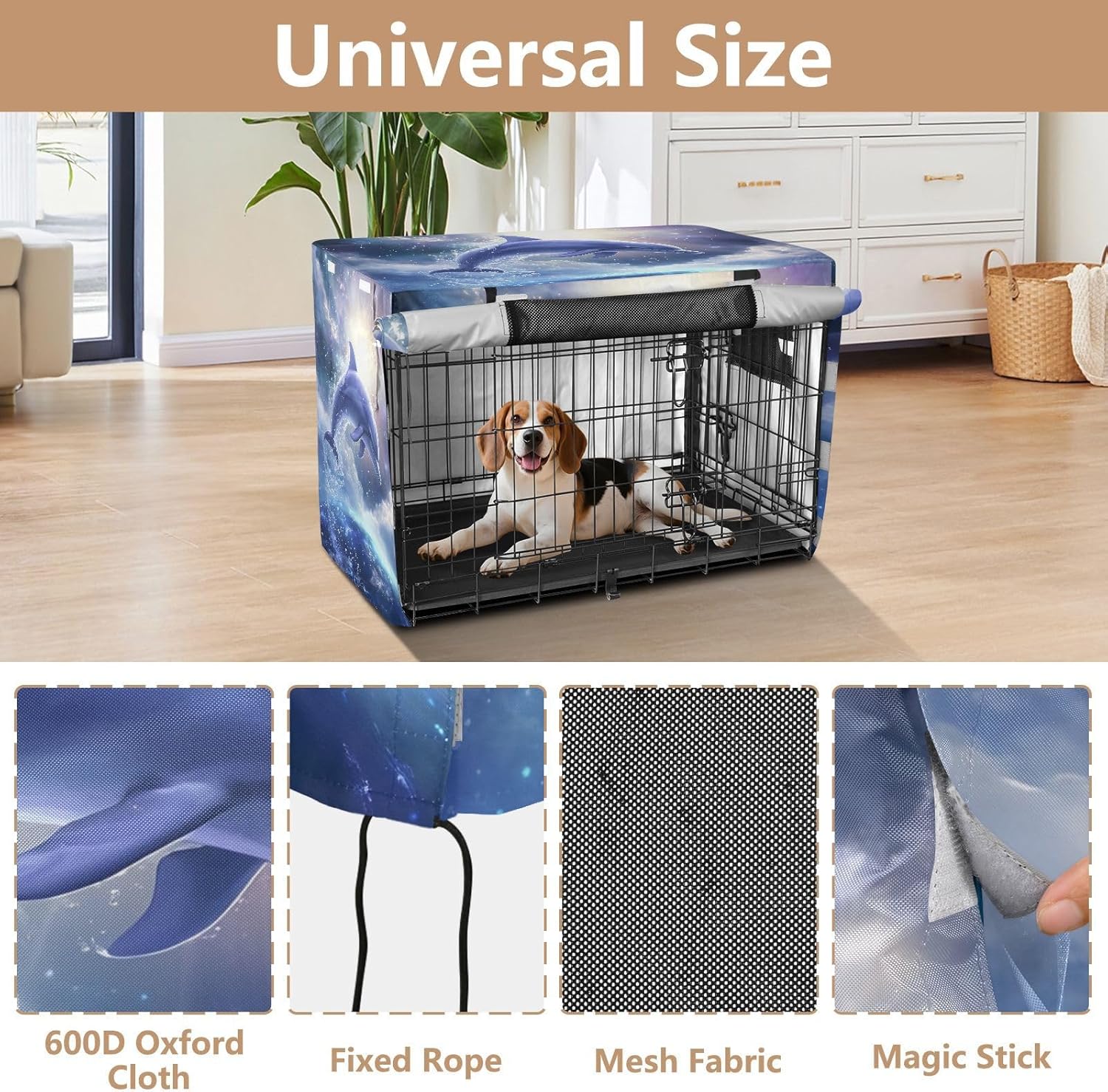 Dolphin Leaping Dog Crate Covers S-XL Washable Pet Crate Cover with Roll-up Sides, Reduces Barking, Large