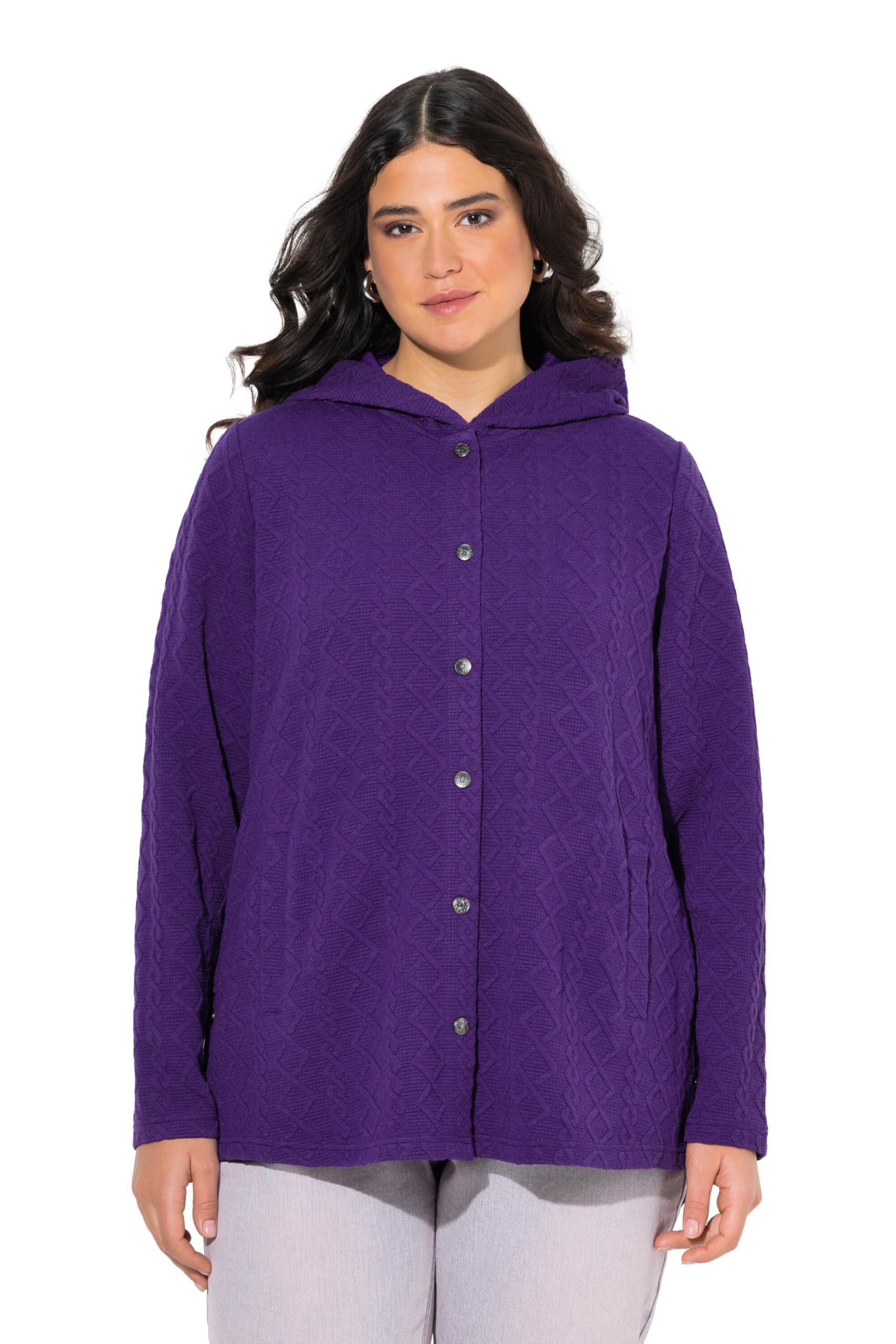 Ulla Popken Damen große Größen Übergrößen Plus Size Hoodie-Jacke, Zopfmuster, Druckknöpfe, hinten länger 830968