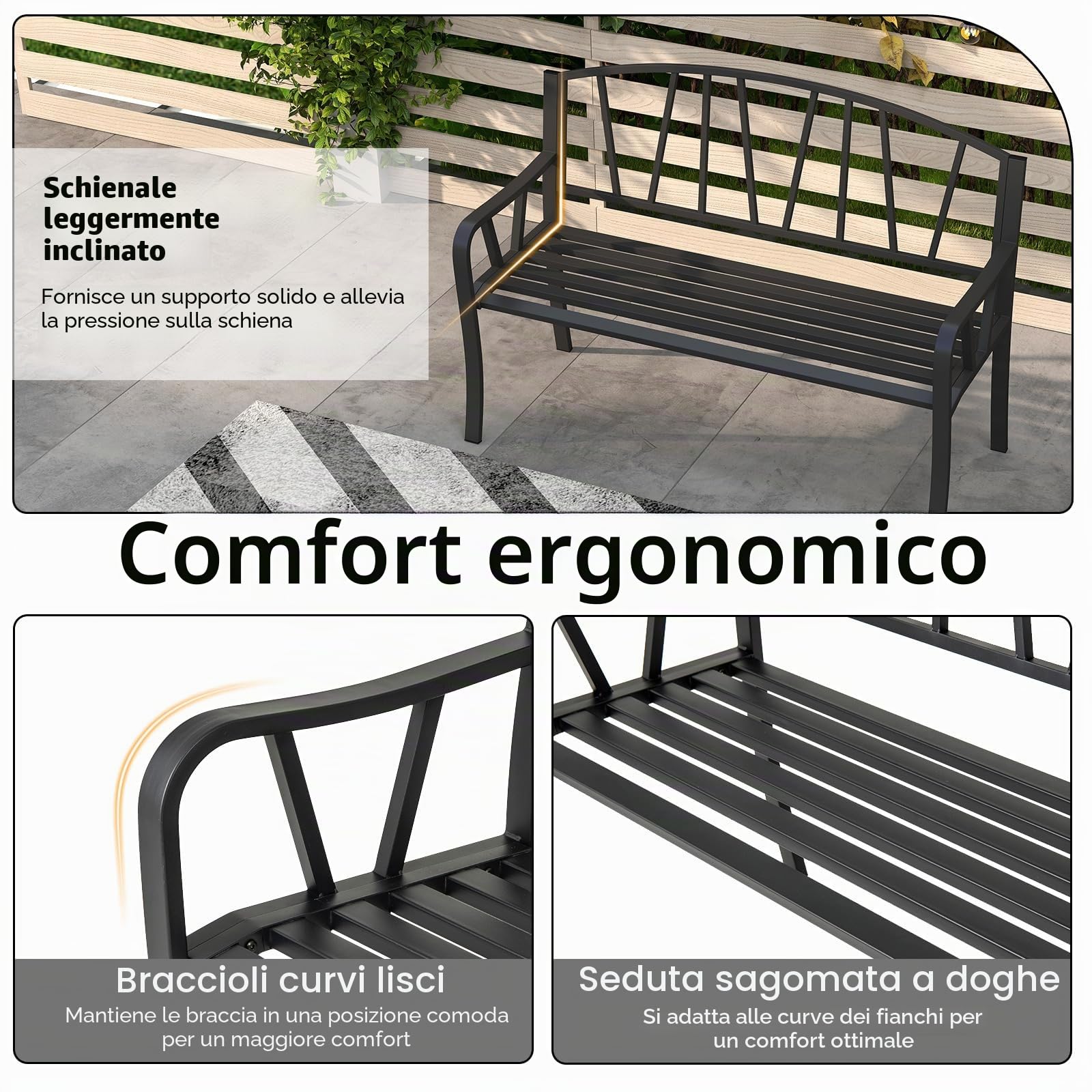 GIANTEX Panca esterna da giardino, seduta a doghe per 2-3 persone, capacità 300 kg, schienale semplice, braccioli curvi, panca da giardino in metallo robusto per terrazza, parco (129 x 53 x 93 cm)
