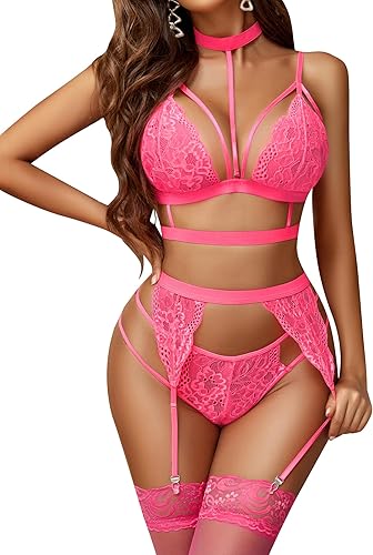 Avidlove Conjunto de lencería con liguero de encaje con gargantilla extraíble, babydoll de peluche, brasier y bragas sin medias