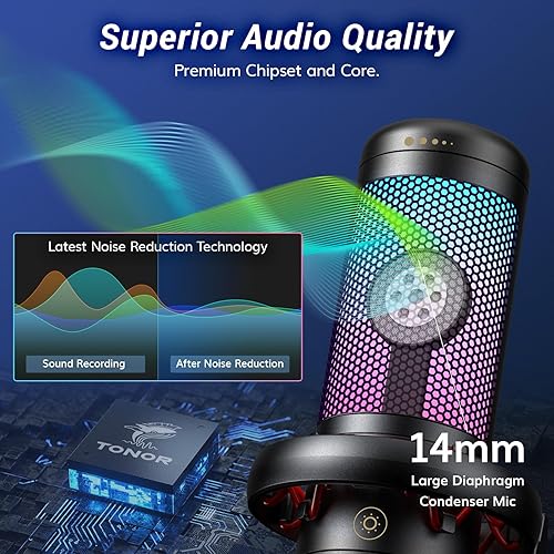 Miniatura 3 de Juego de micrófonos USB para juegos para PC, micrófono de condensador TONOR RGB con brazo de brazo de silencio rápido, iluminación RGB, filtro pop,
