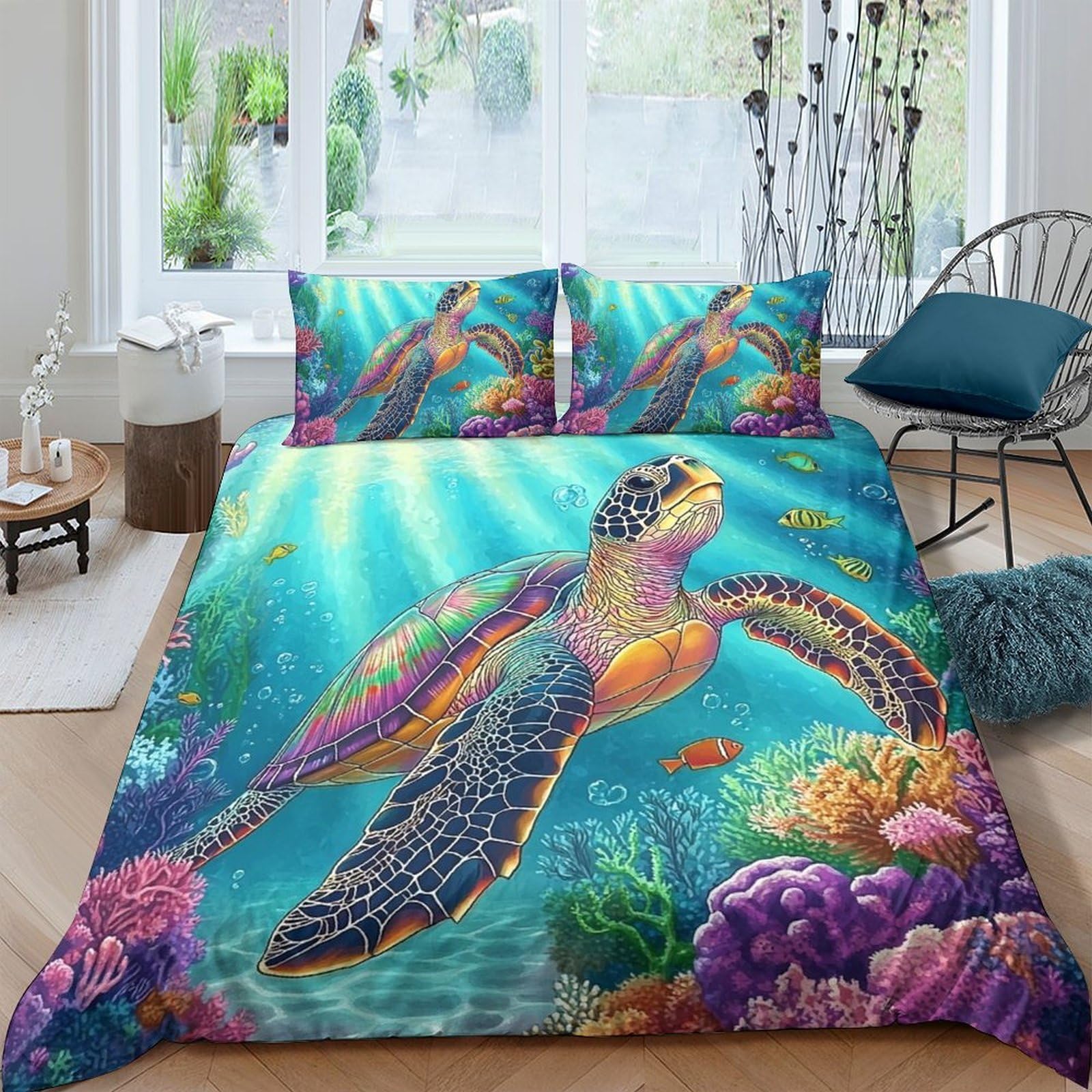 Ctjqhvkz Style-8 3D Printed Sea Turtle Fitted Sheet Microfiber Soft Breathable Ocean Coral Mattress Cover For Bedroom Guest Room Decor Single（135X200cm）