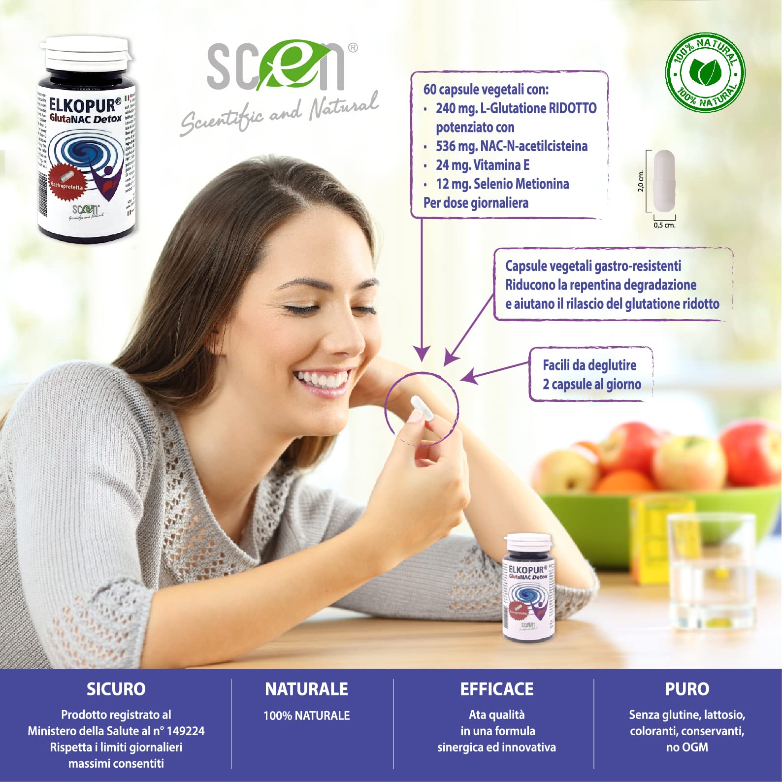 SCEN Elkopur GlutaNAC Detox – L‑Glutatione Ridotto + NAC + Vitamina E + Selenio – Capsule Gastroresistenti – Made in Italy – Confezione da 2