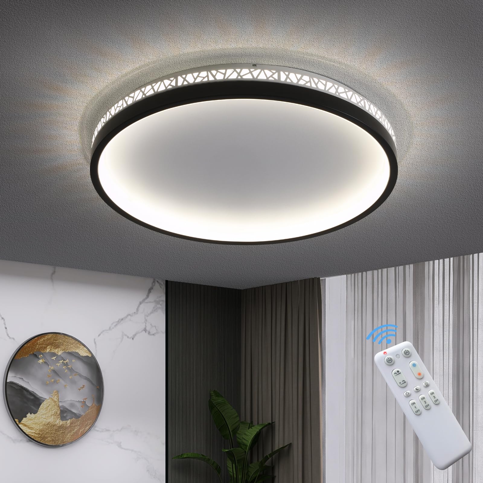 SEATAIN LED Deckenlampe schwarz 50W, dimmbar Wohnzimmer Deckenleuchte, Schlafzimmerlampe mit Fernbedienung, 50cm rund Aushöhlen Design, 5000lm 3000K-6000K, mit Memory-Funktion, 5W Nachtlicht