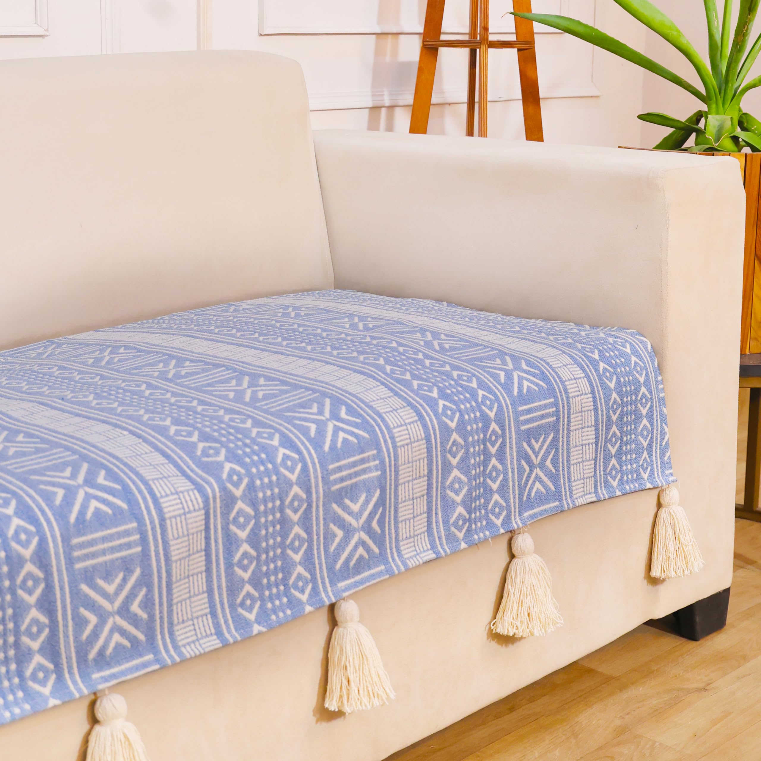 STITCHNEST 'Verdant Bohemian Stories' 3 Seater Sofa Cover| Elegant Jacquard Fabric, Decorative Tassels, Washable & Durable for Modern Living