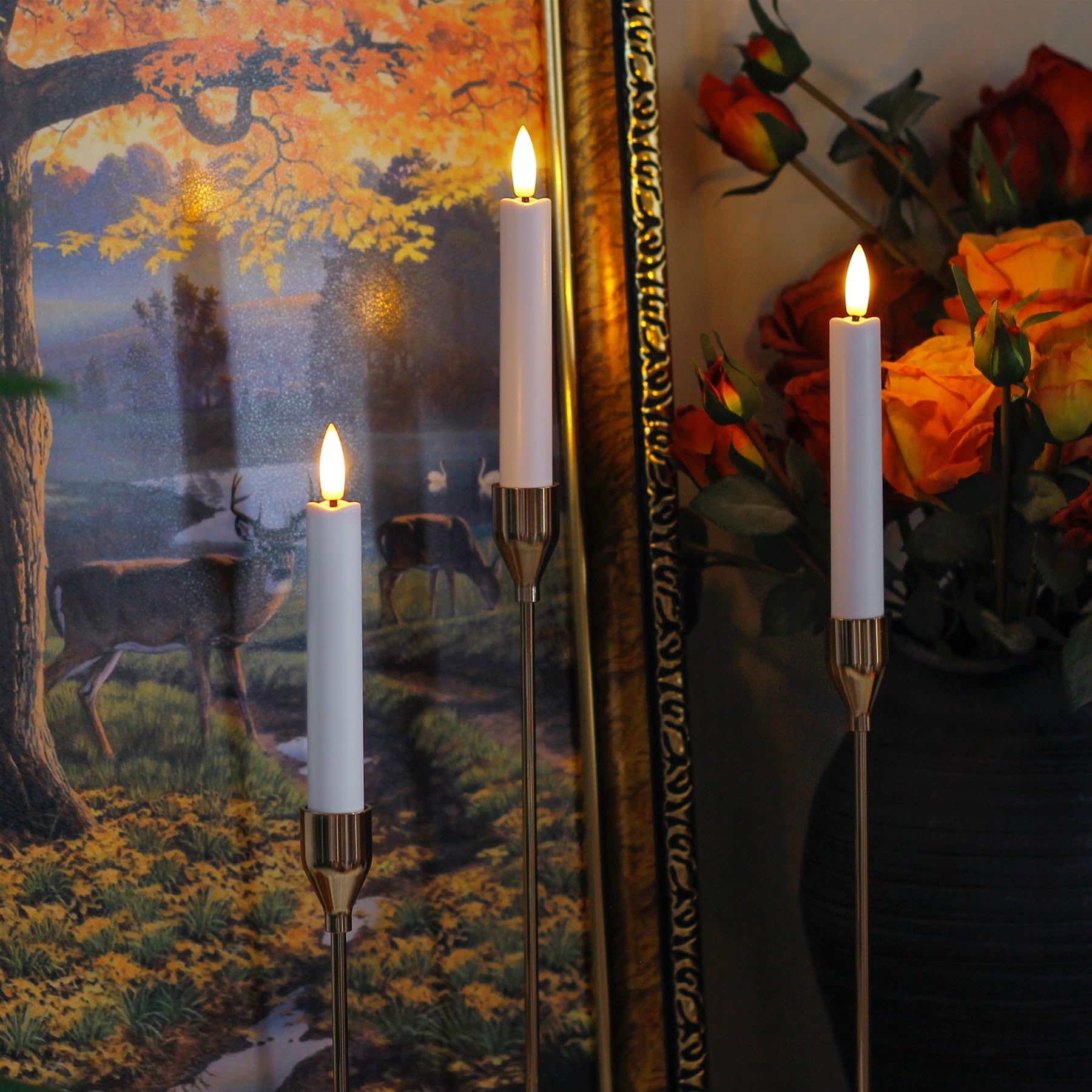 Candele LED A Batteria Con Telecomando 10 Tasti - Confezione 6x16 Cm - Luce Tremolante O Fissa - Timer 2/4/6/8 Ore - Effetto Stoppino 3D - Avorio