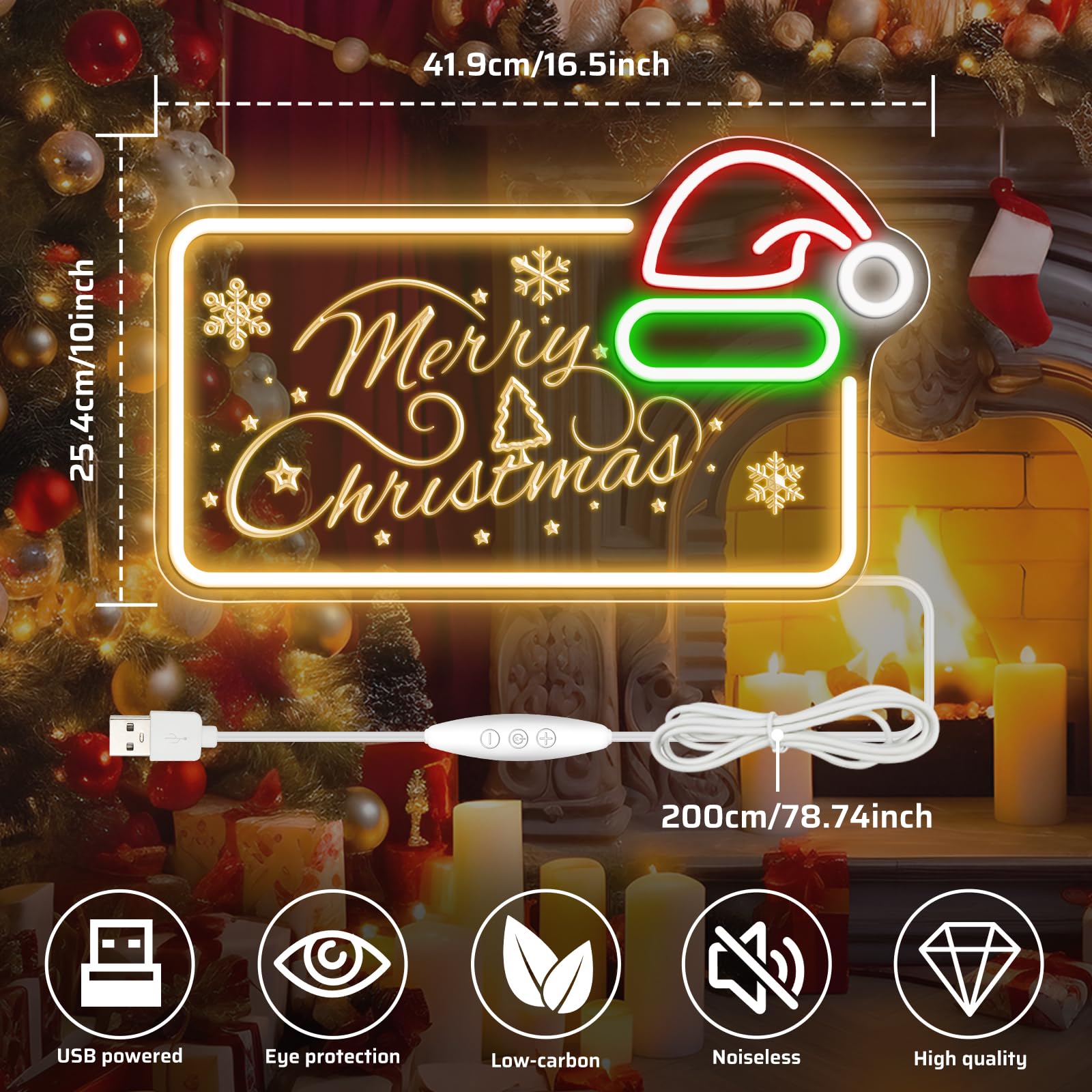 Letrero de neón LED de Feliz Navidad de 16.5 x 10 pulgadas, decoración de pared con luz LED regulable con sombrero de Papá Noel, decoración de pared alimentada por USB para el hogar, habitación de los
