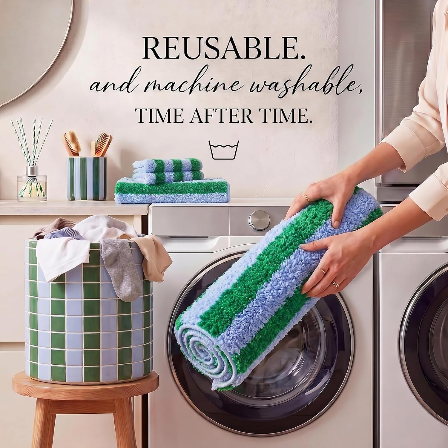Blue and Green Striped Bathroom Rug 16 x 24 Inch Summer Flocked Bath Mat Non Slip TPR Backing Absorbent Bath Rug Minimalist Shower Floor Mat for Bathroom Sink Tub Entryway Decor