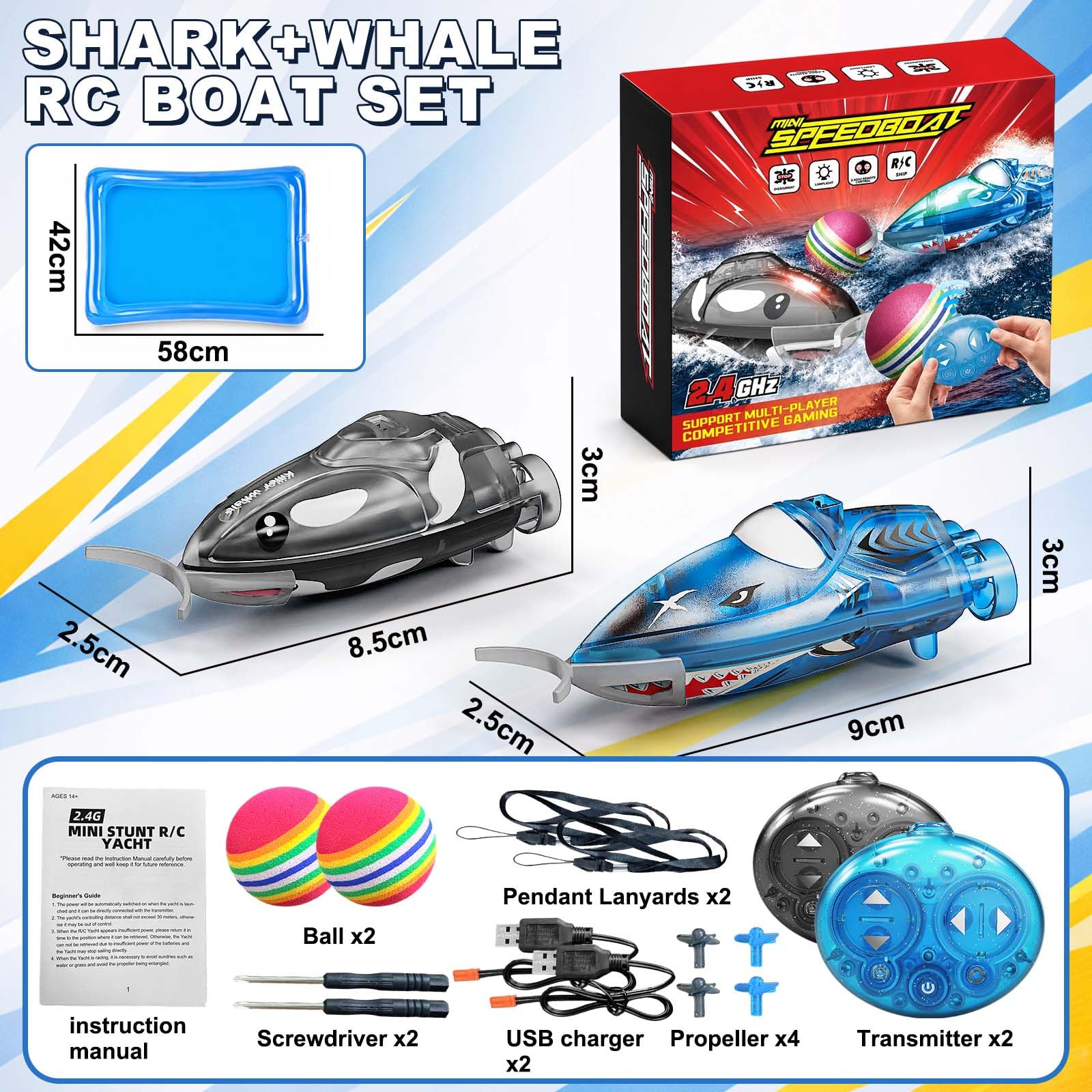 Mini Barco Teledirigido Pack de 2, Barco RC 2,4 GHz con Luces LED de Colores, Juego con Pelota de Espuma, Giro 360° y 2 Velocidades, con Piscina Hinchable, para Bañera y Piscina, Regalo para Niños