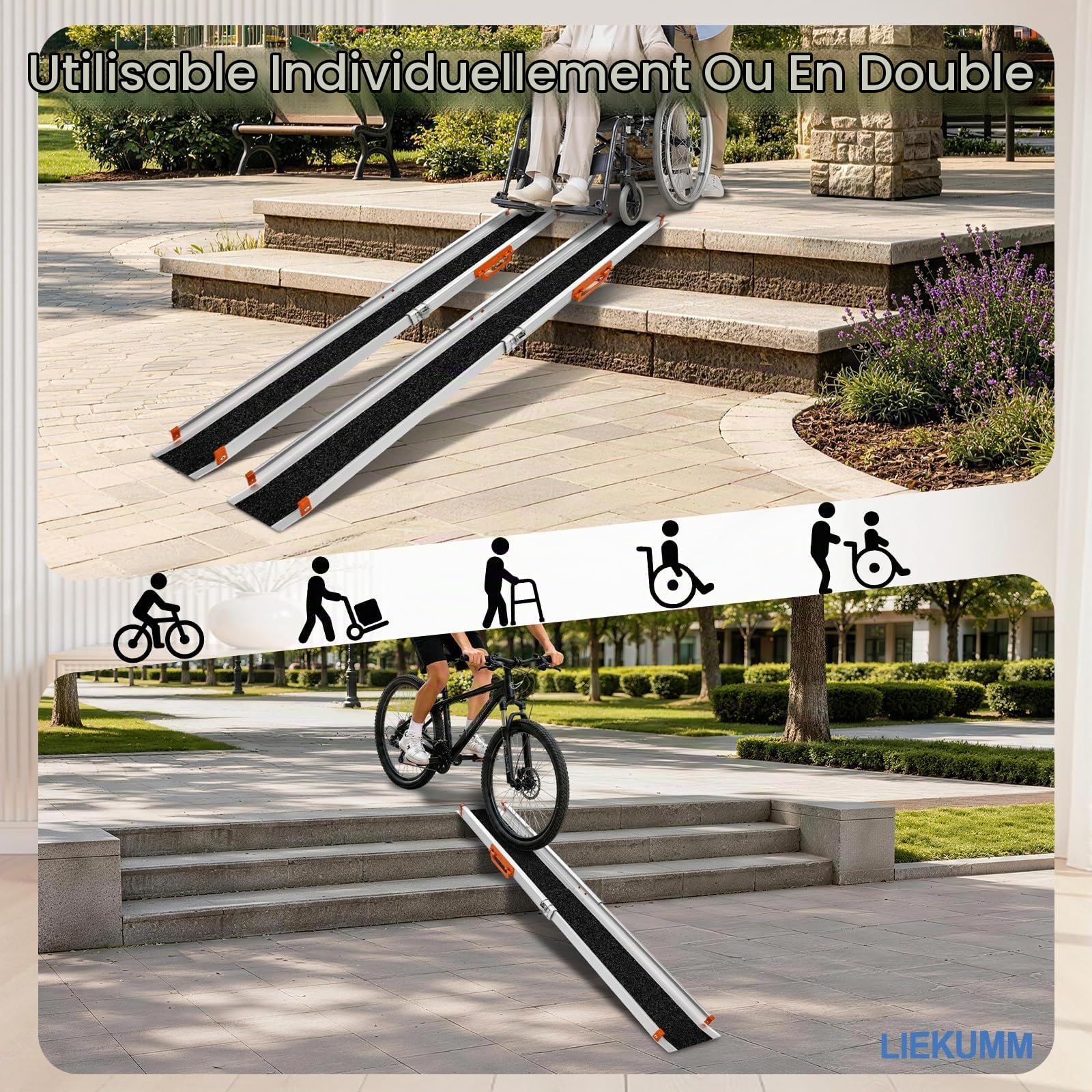 LIEKUMM Rampe de Fauteuil Roulant, 77 à 123 cm pour Fauteuils Roulants, 300 kg Capacité, Rampes Télescopiques pour Fauteuils Roulants, Rampe d'Accès Antidérapante