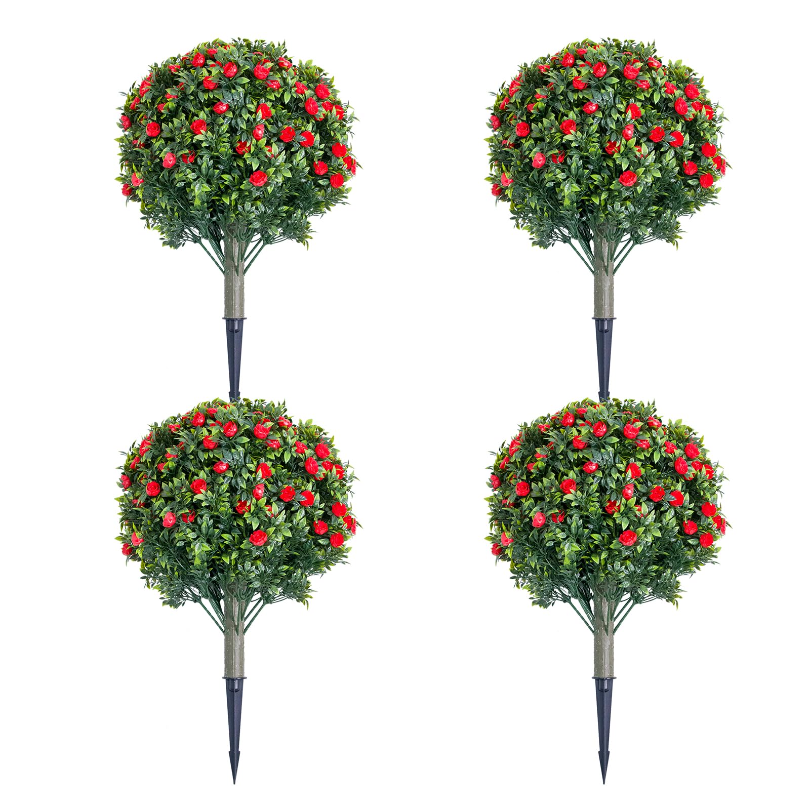 GarveeLife Set of 4 UV-Resistant Artificial Topiary Trees with Yellow Camellia Flowers – 60cm Realistic PE Leaf Faux Plants, Weatherproof, Metal Ground Spikes for Indoor & Outdoor Use