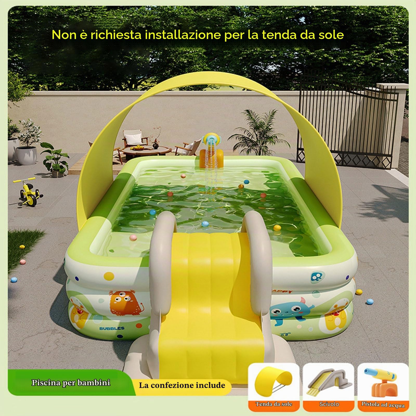 Piscina familiare per Bambini e Adulti 300*175cm,Piscine Gonfiabili Esterni Con ombrellone e scivolo,materiale spesso in PVC,Centro giochi acquatico gonfiabile per Cortile Esterno da Giardino