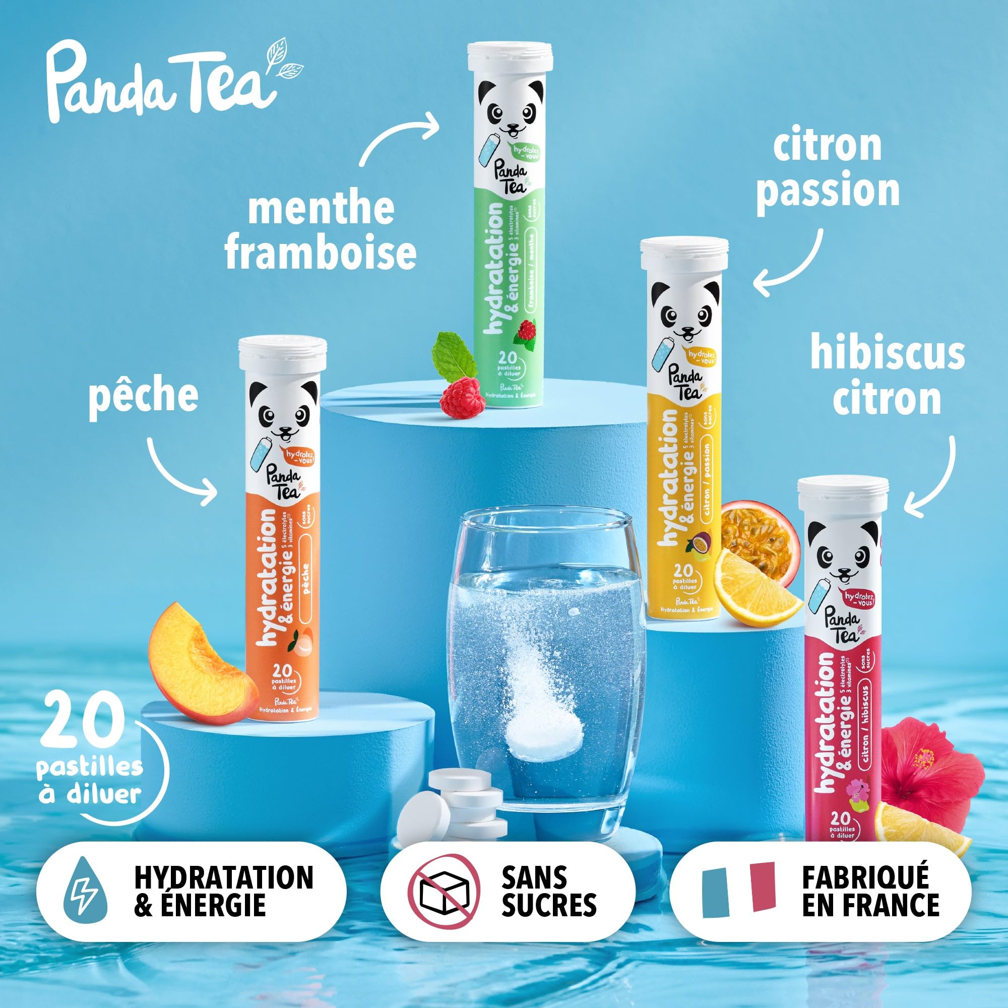Panda Tea - Hydratation & Énergie - Citron et Passion- 60 Pastilles sans sucre - Electrolyte Ultra Hydratation - Idéale pour le Sport et le Quotidien