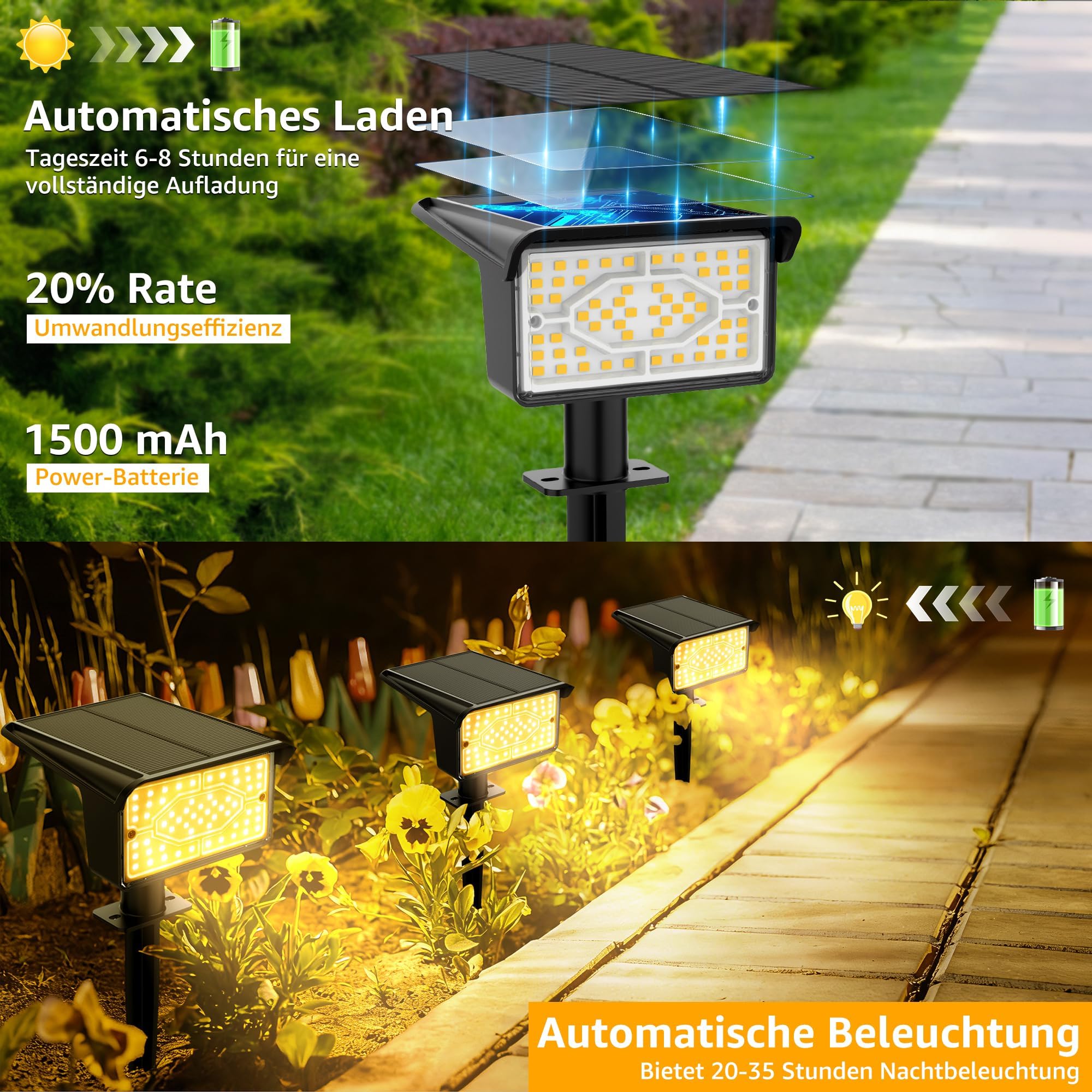 Ollny Lot de 4 Spots Solaires Extérieur 60 LEDs, 3000K Blanc Chaud, IP65 Étanche, 3 Modes, Crépuscule à Aube, Lampes Solaires Jardin, Éclairage Extérieur Solaire