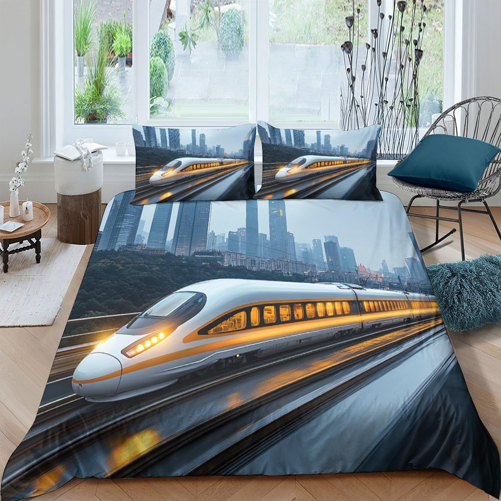 Ctjqhvkz Style-4 3D Printed High-Speed Train Fitted Sheet Microfiber Urban Skyline Bed Cover For Bedroom Dorm Decor Protection Single（135X200cm）