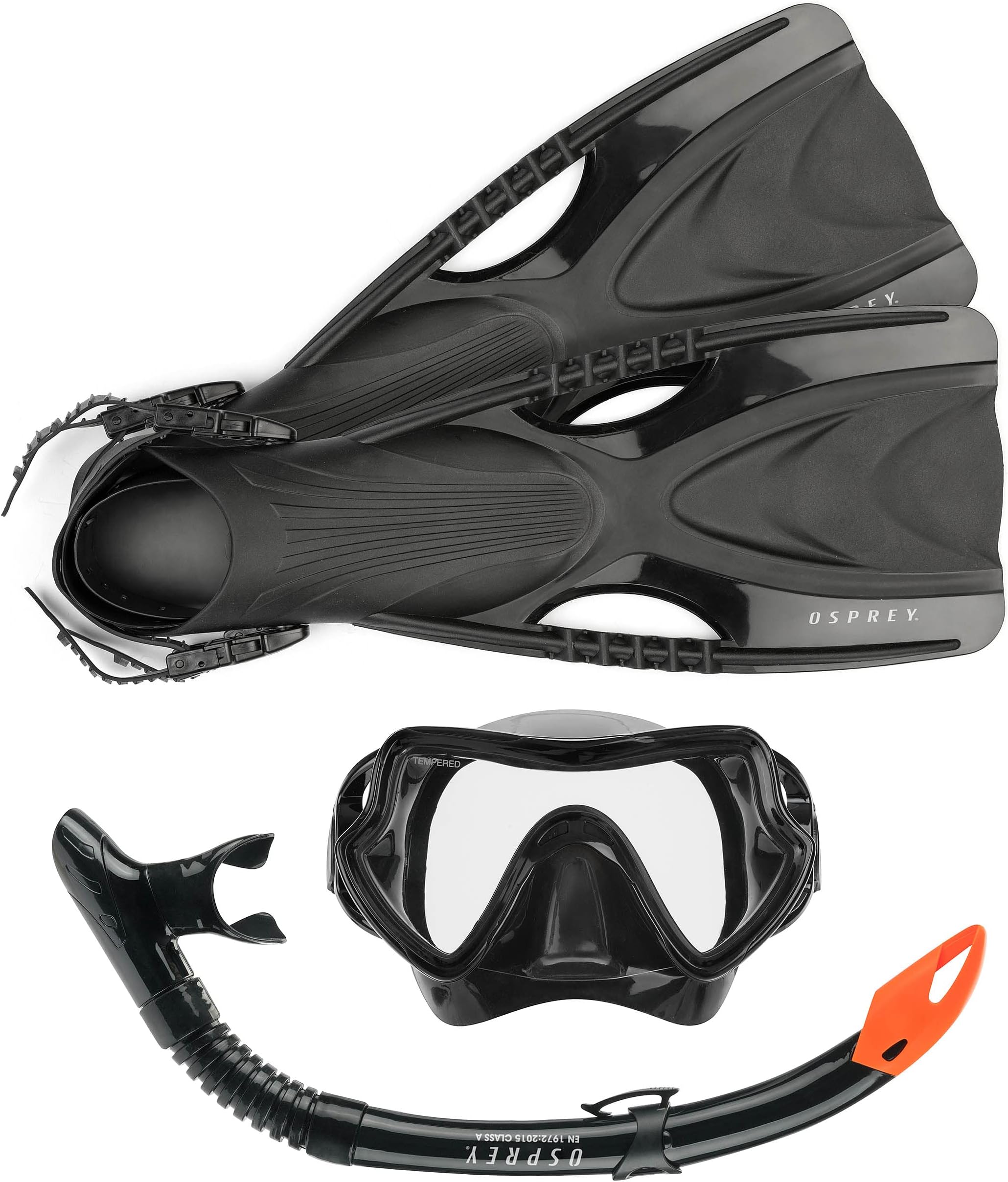 Osprey Snorkel Set with Mask, Snorkel Tube & Flippers, Tempered Glass Lens, Silicone Skirt and Purge Valve, Snorkelling & Scuba Diving Gear for Adults