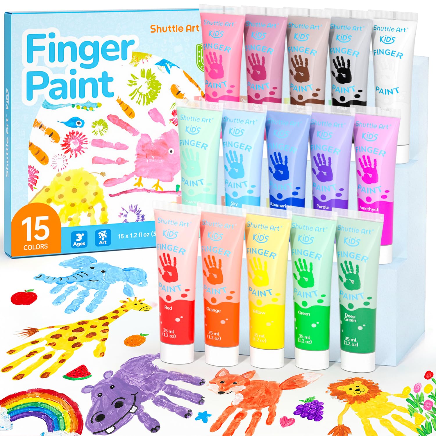 Shuttle Art 15 Colori a Dita per Bambini Atossici, Tempere Lavabili per Bambino 35ml, Tempere per Dipingere Colori Brillanti,Set Pittura Bambini per Arti e Mestieri