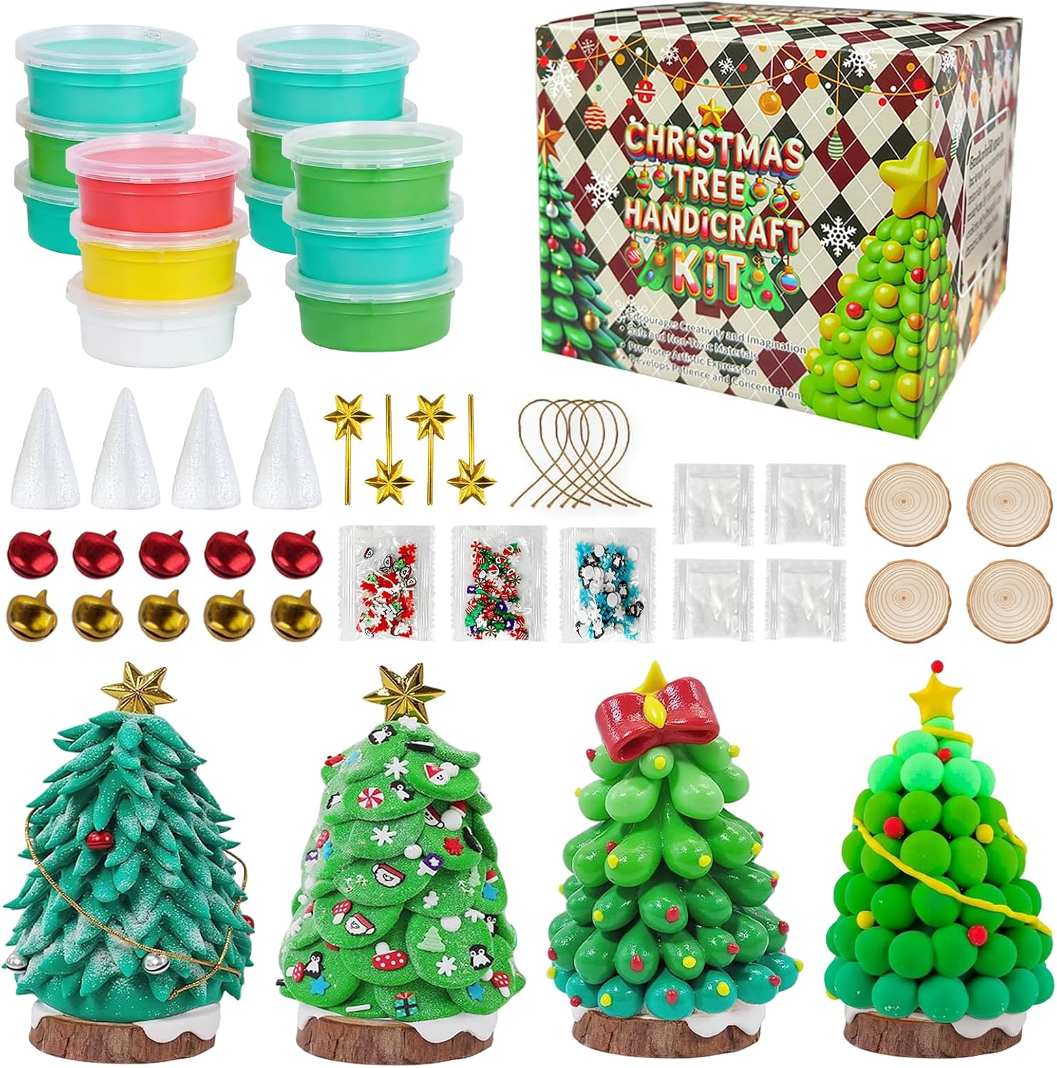 Christmas Trees DIY Crafts Kit - Christmas Modeling Clay DIY Craft Kit Creative Holiday Activity Set for Kids Air Dry Clay with Accessories for Xmas Party Decor (Christmas Tree)