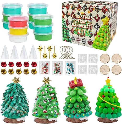 Christmas Trees DIY Crafts Kit - Christmas Modeling Clay DIY Craft Kit Creative Holiday Activity Set for Kids Air Dry Clay with Accessories for Xmas Party Decor (Christmas Tree)