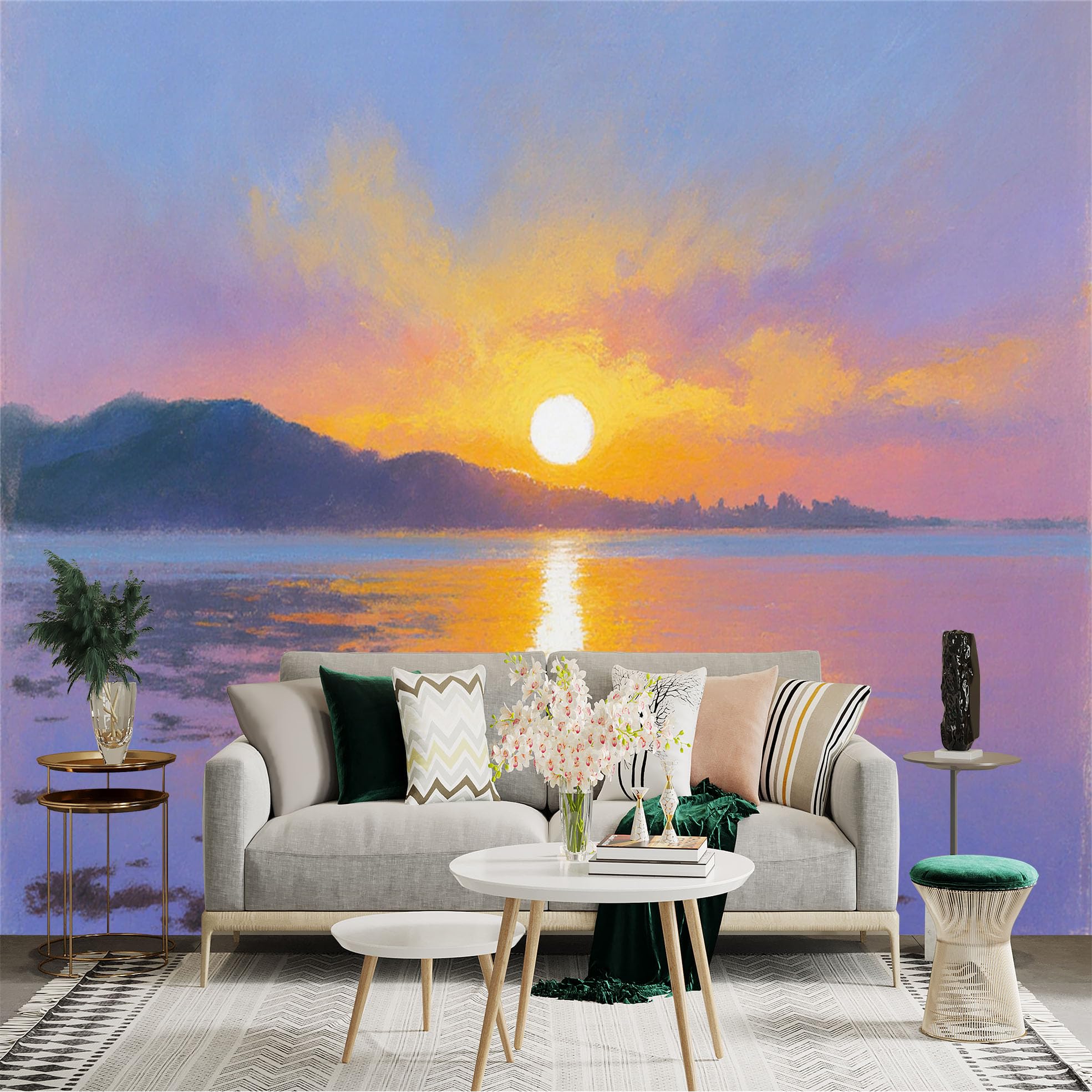 Custom Size Wall Sticker Mural， Beautiful Sunset Over Calm Ocean， Golden Hour Seascape， Serene Horizon View， for wall Decoration， peelandstick wall Decals.