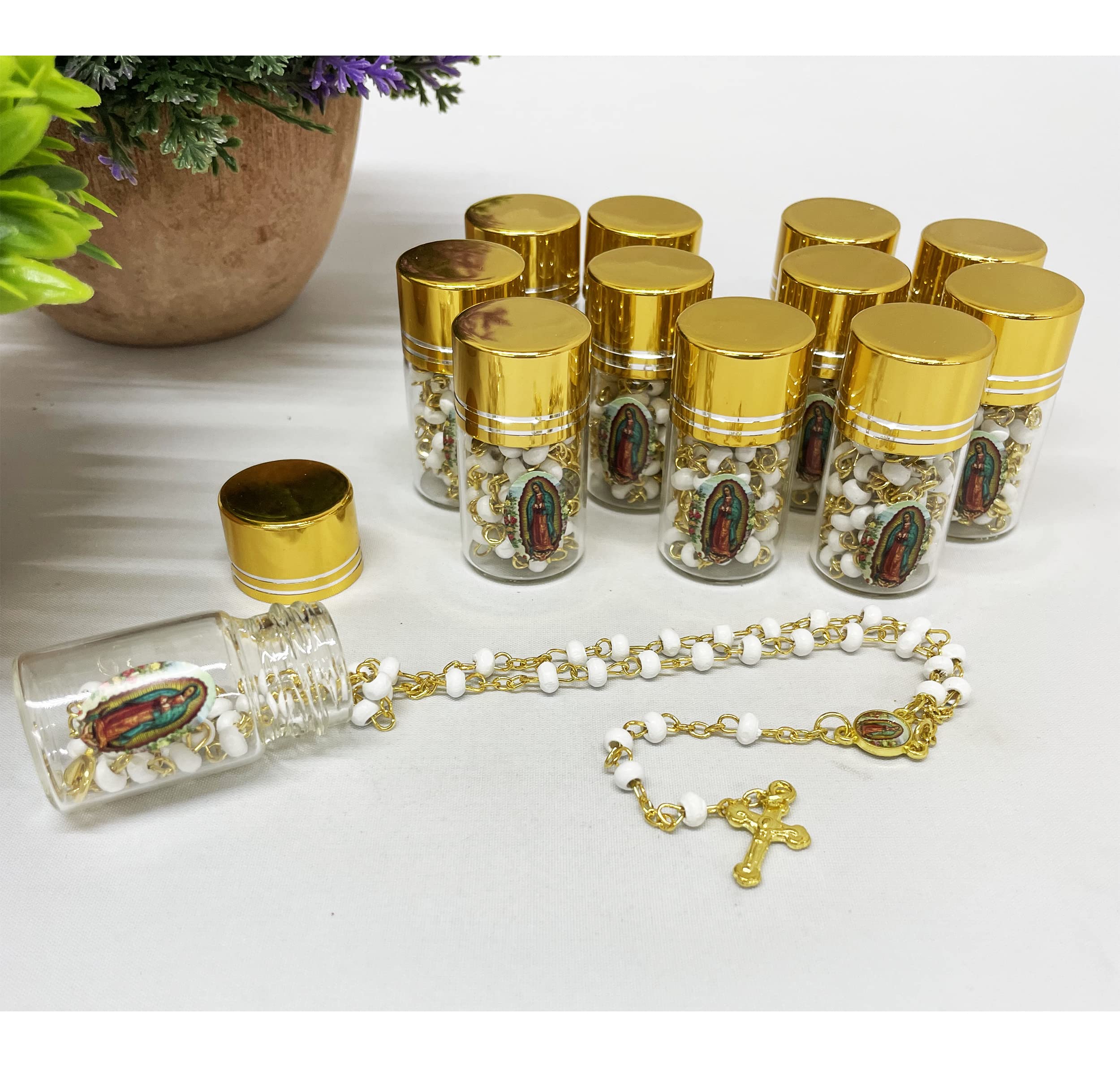 RBN Our Lady of Guadalupe White Gold Bead Scented Rosaries for Baptism, First Communion Regligious Event Clear Glass