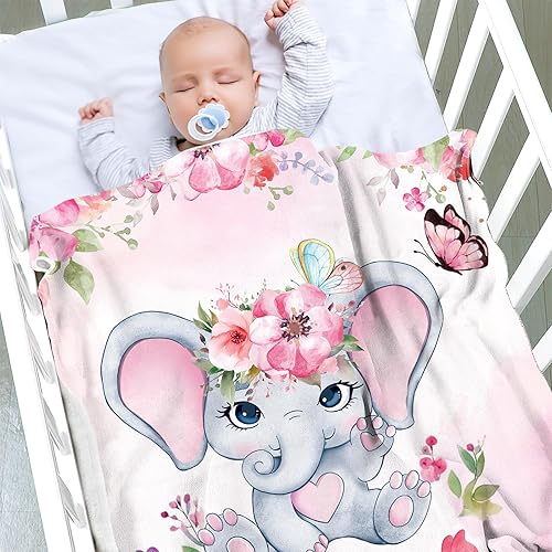 Miniatura 2 de Hoomall Manta de bebé personalizada de 28 x 40 pulgadas, manta de texto personalizada de elefante rosa con nombre, manta de franela súper suave para